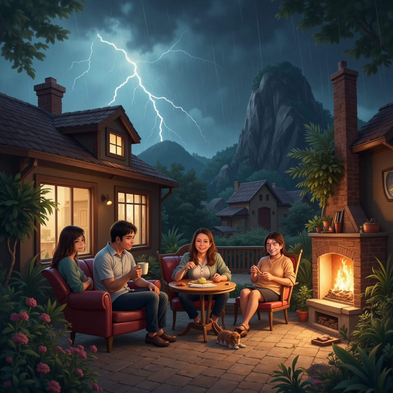 A stormy night in the horizon, a house in the middle... a family can be seen there in the house