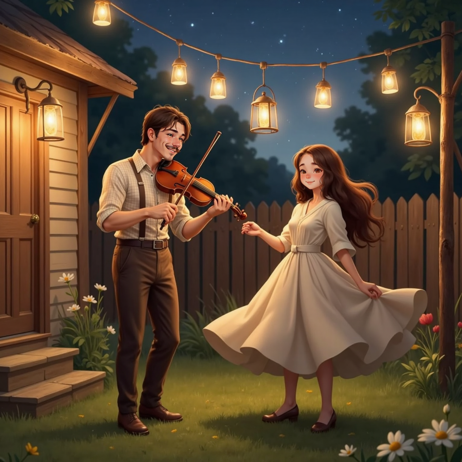 Lanterns swing in the Nielsen yard at night as Hans Hansen plays a lively reel, bow blurred. Nearby, Mina Nielsen twirls mid-spin, skirts fanned and hair flying, both faces lit with bright, shared laughter.