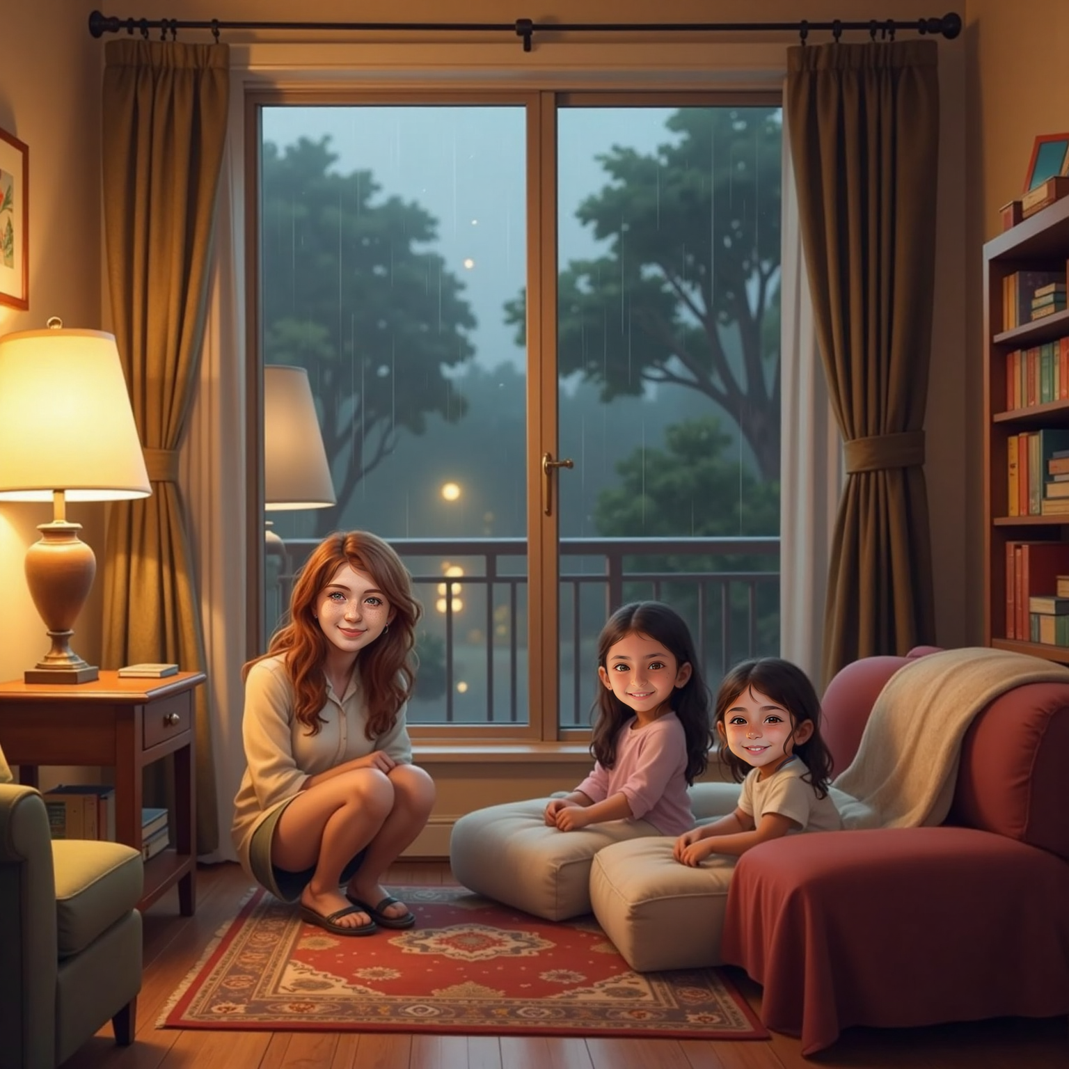 In the cozy living room on a rainy evening, Maya kneels beside low floor cushions near a window streaked with raindrops. Adel and Dina sit cross-legged on the cushions, hands resting calmly, warm lamplight softening the scene.
