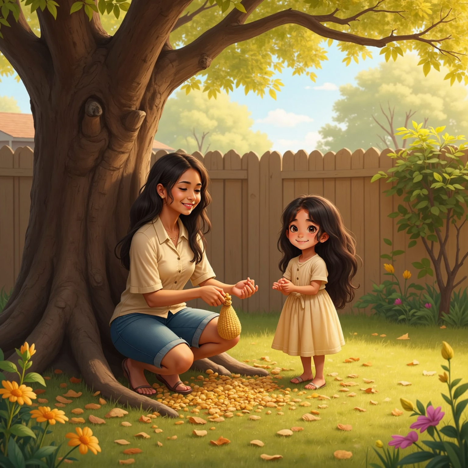 Under midday sun in the backyard, Ms. Red Cloud kneels beside a tall oak sprinkling yellow corn from a small pouch, while Maya listens to the rustling leaves, palms open in quiet thanks; fallen leaves carpet the grass around them.