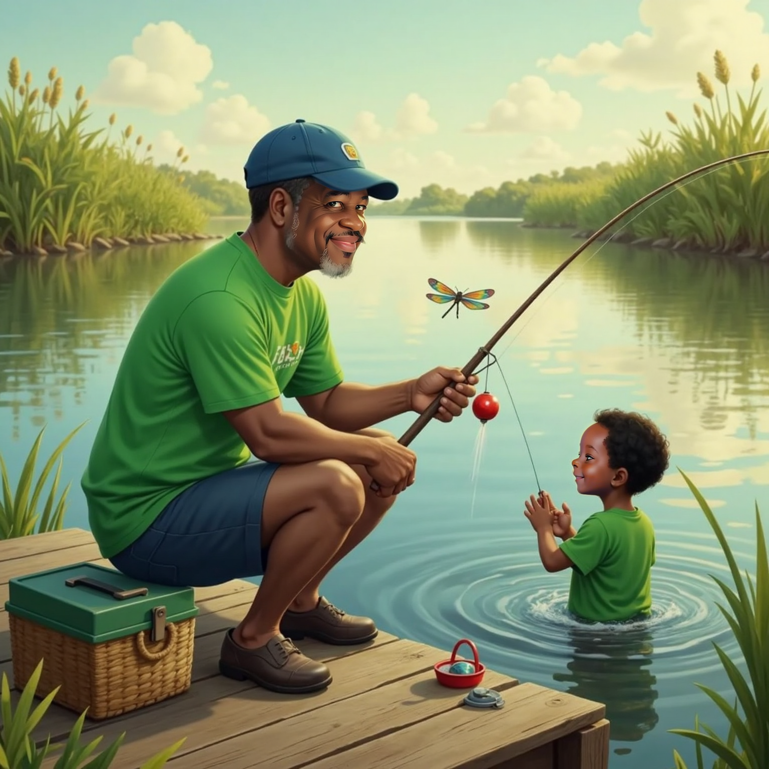 At the wooden dock, Poppi guides Amias’s small hands as they cast the line into rippling water; the red bobber splashes. Dragonflies hover in warm afternoon light while Amias claps silently.
