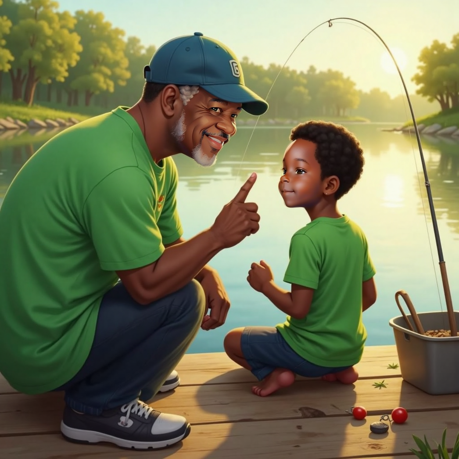 Seated on the dock edge in soft golden light, Amias watches his red bobber bounce on gentle waves. Poppi leans in close, eyes twinkling, one finger raised to remind patience.