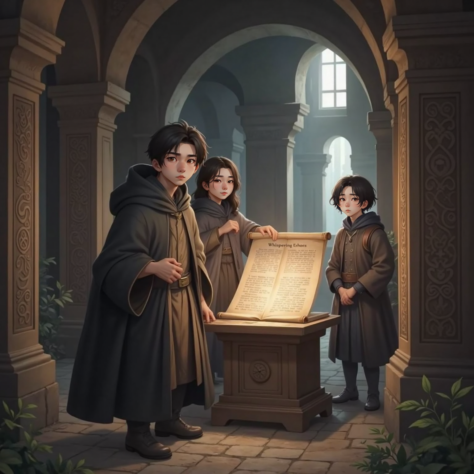 In a dim stone hall beneath archways at dusk, Kael Yun gently touches a shimmering scroll on a lone pedestal. Lei Xuan and Shen Mu whisper behind him, faces lit by the scroll’s pale glow.