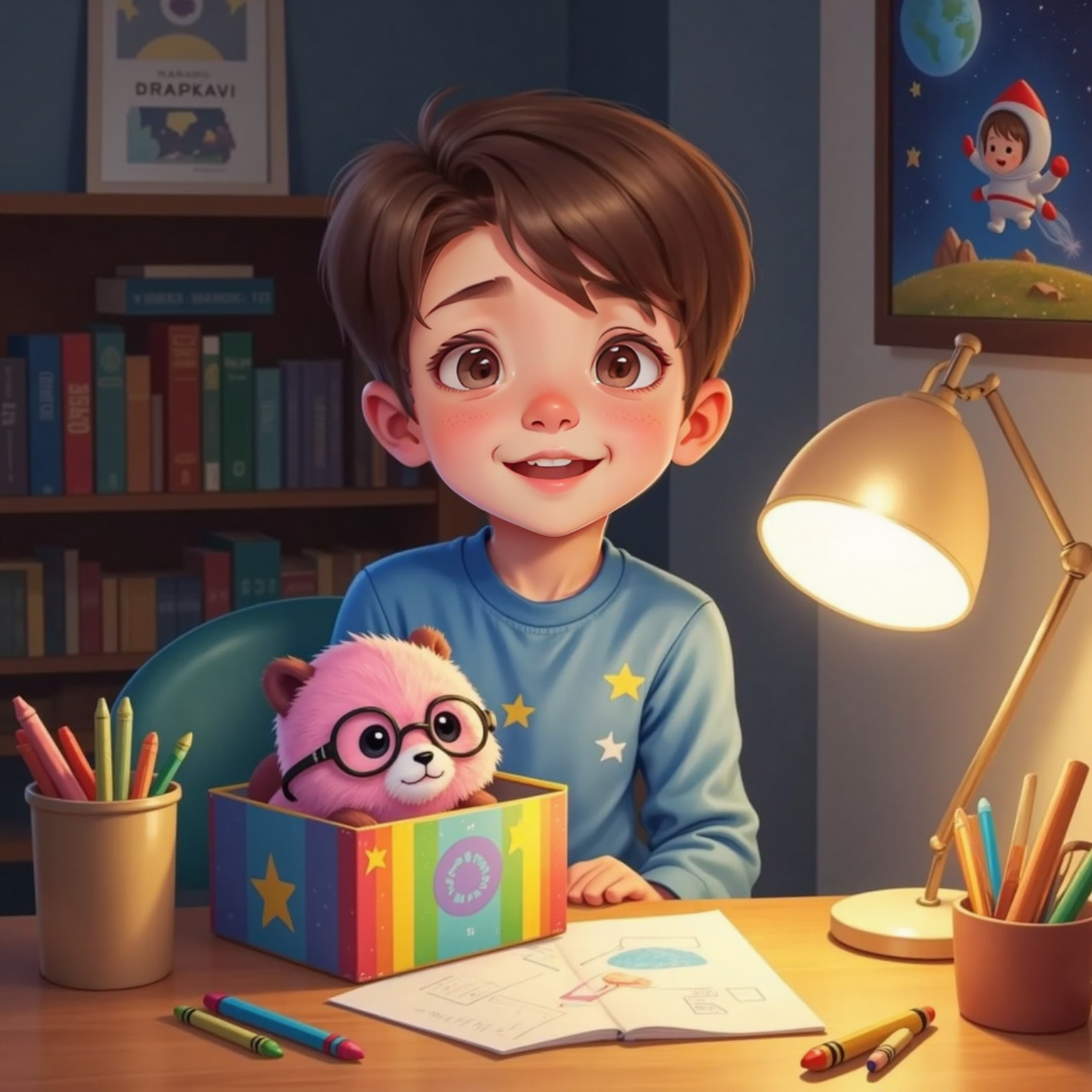 Under soft bedroom lamplight, a pink panda wearing glasses pops halfway out of the open rainbow box on Benji’s desk while Benji stands beside the chair, eyes wide and mouth open in delighted surprise.