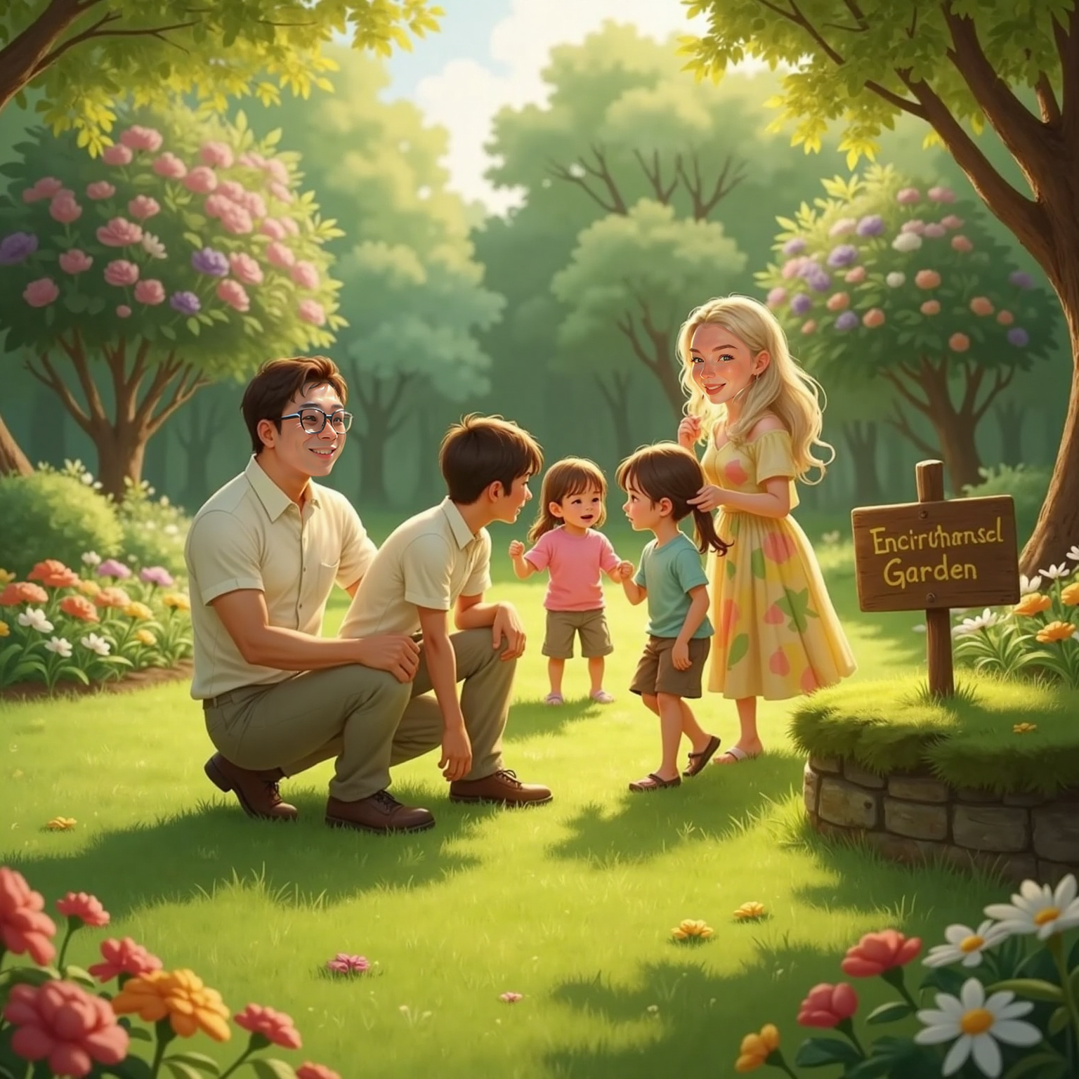 On a sunlit lawn inside the hidden garden, Jack kneels beside smiling local children, demonstrating cupped ears for 'magical whispers.' Nearby, Lauren laughs mid-tag chase, vivid flower beds framing the playful scene.