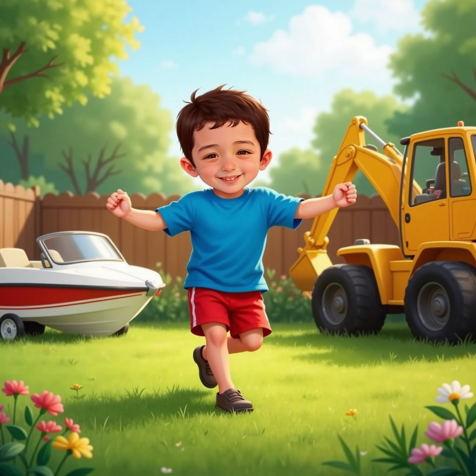 Sunny backyard afternoon. Arlind dashes between the gleaming speedboat Skaf and the yellow excavator Skrepi, smiling wide with arms open.