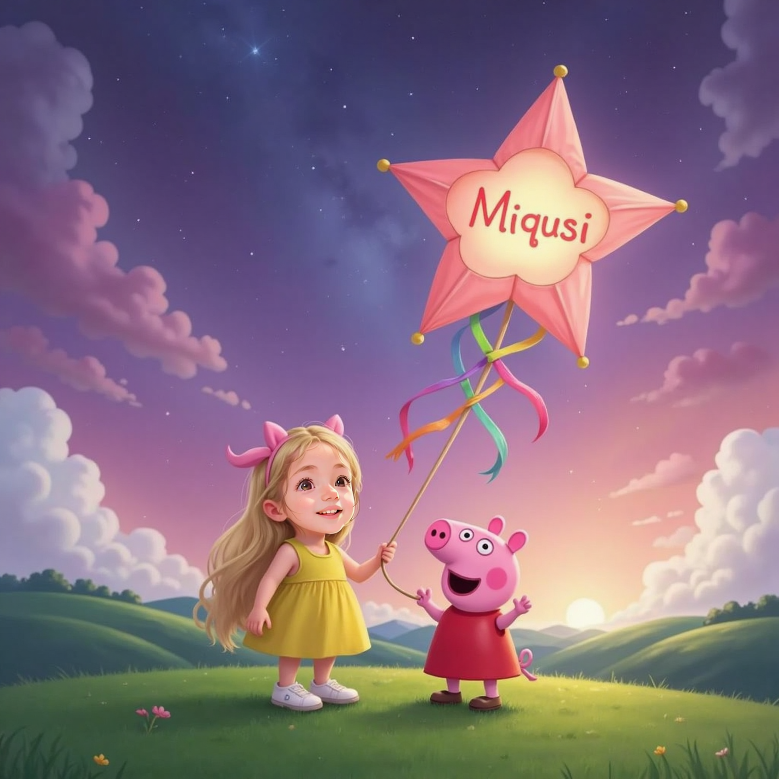 From a grassy rise beneath violet dusk, Chiara and Pepa clutch a rainbow-ribboned star kite as wind lifts it high. The kite traces the glowing word 'Miqësi' across the rosy clouds, their hands linked and faces joyful.