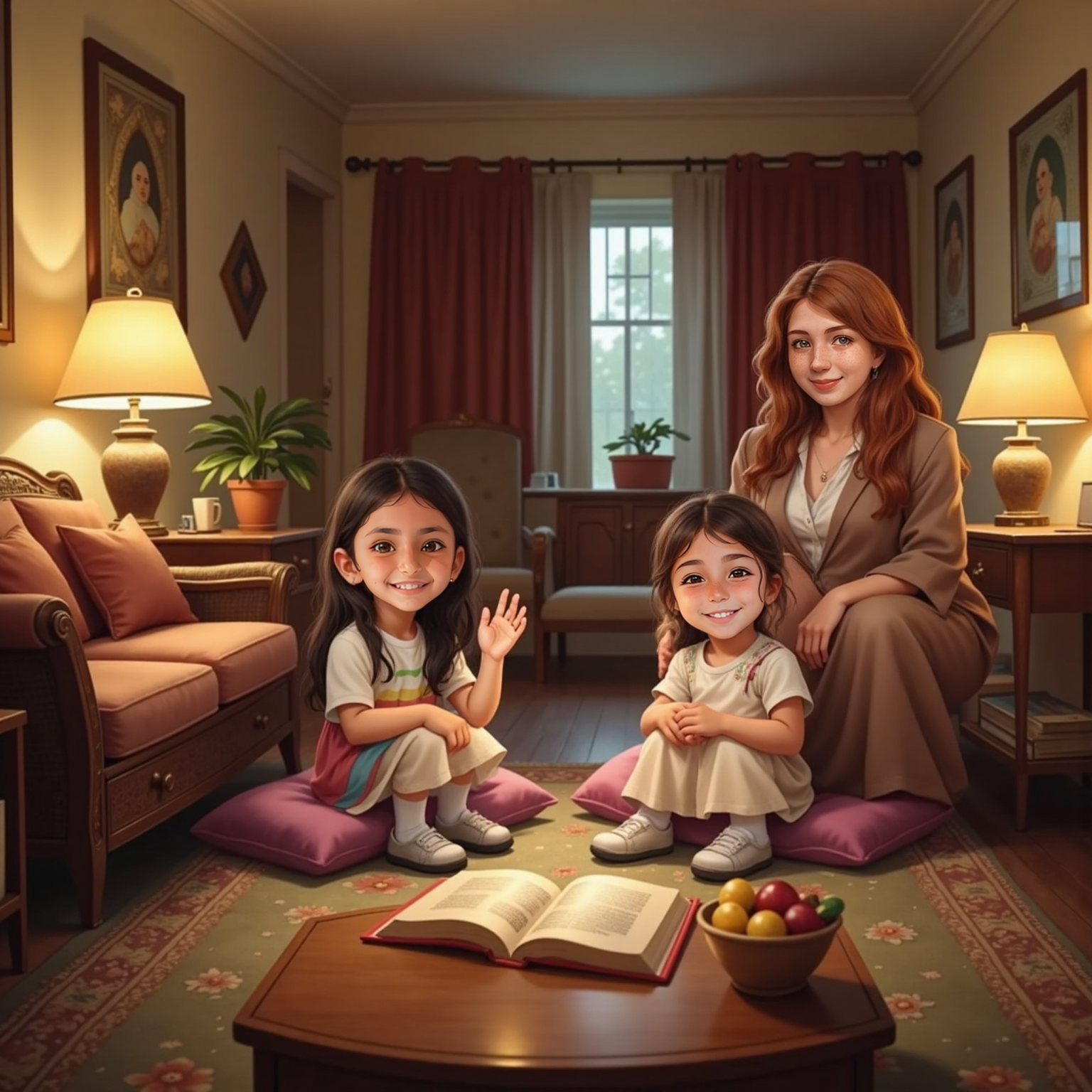 Lamplit living room, Adel sits upright on a cushion, hand gently raised like a traffic signal, speaking clearly. Opposite her, Dina pauses mid-word, smiling gratefully as Maya watches approvingly from behind the low table.