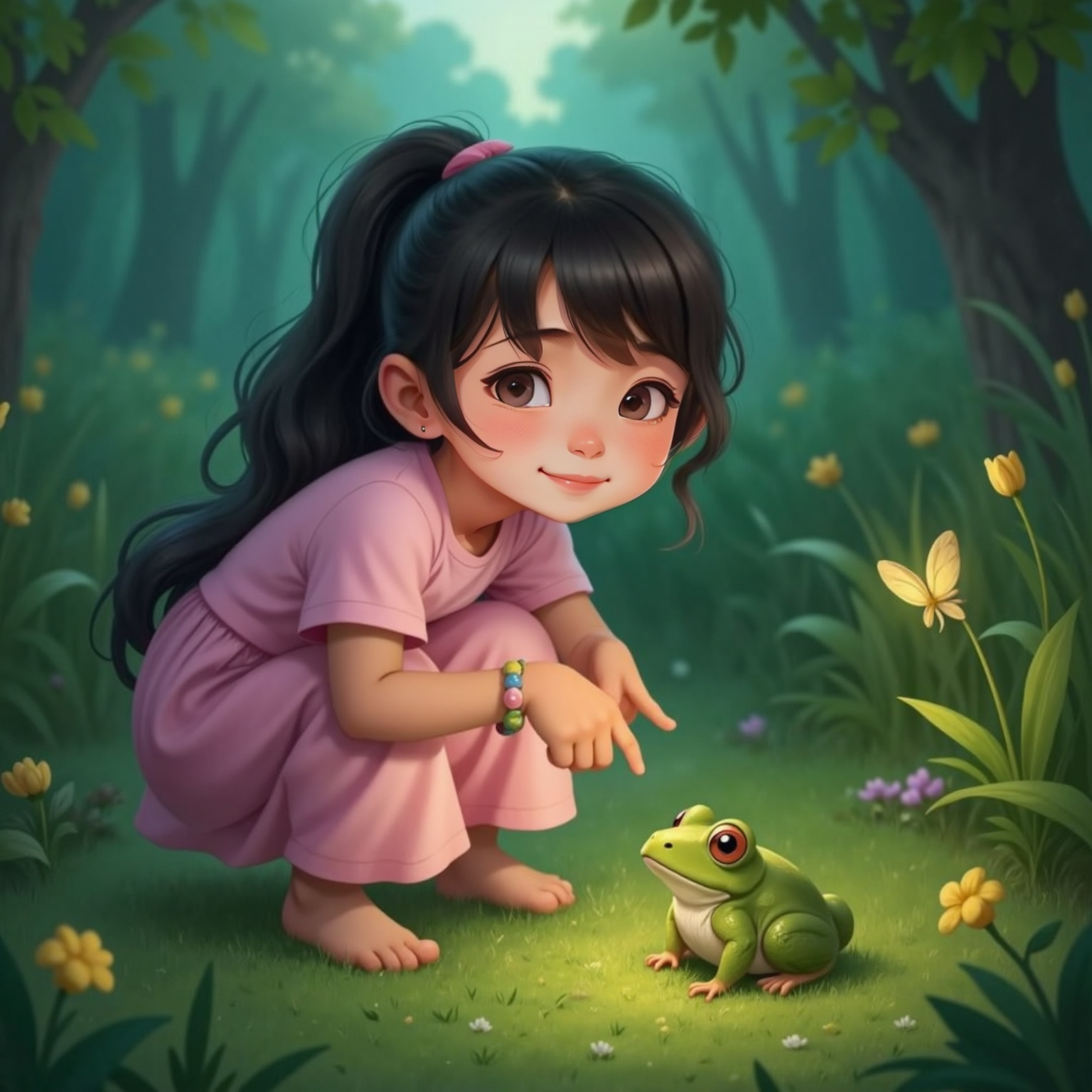 On the damp grass at twilight, Aya crouches with an eager grin pointing at a plump green frog while a soft emerald glow smiles overhead. Fireflies flicker in the cool evening light around the meadow.