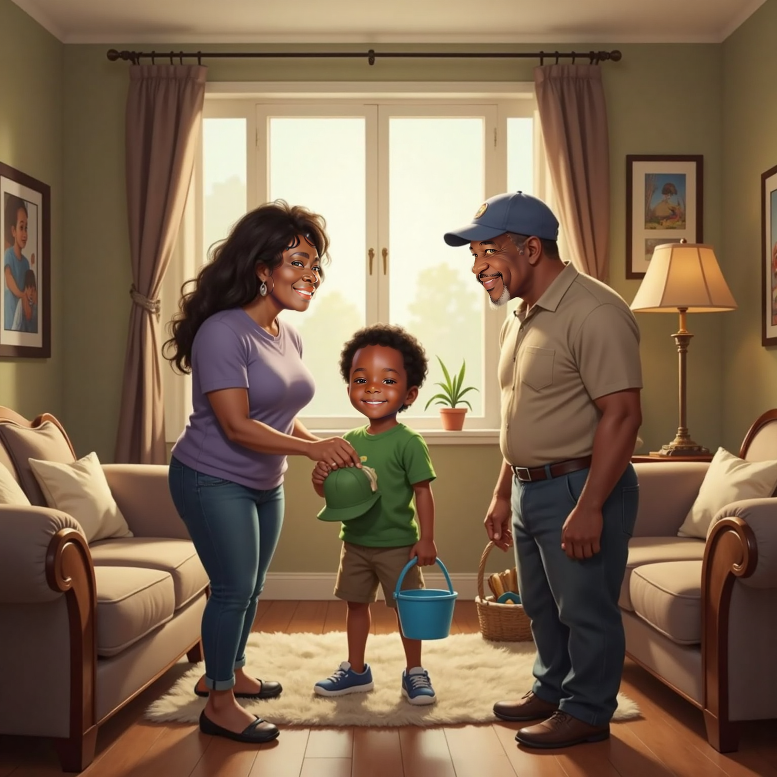 Inside the cozy living room at dawn, Grandma Puddin hands Amias a tiny fishing hat while Poppi stands beside them smiling. Amias clutches his small bucket, excitement clear on their faces.