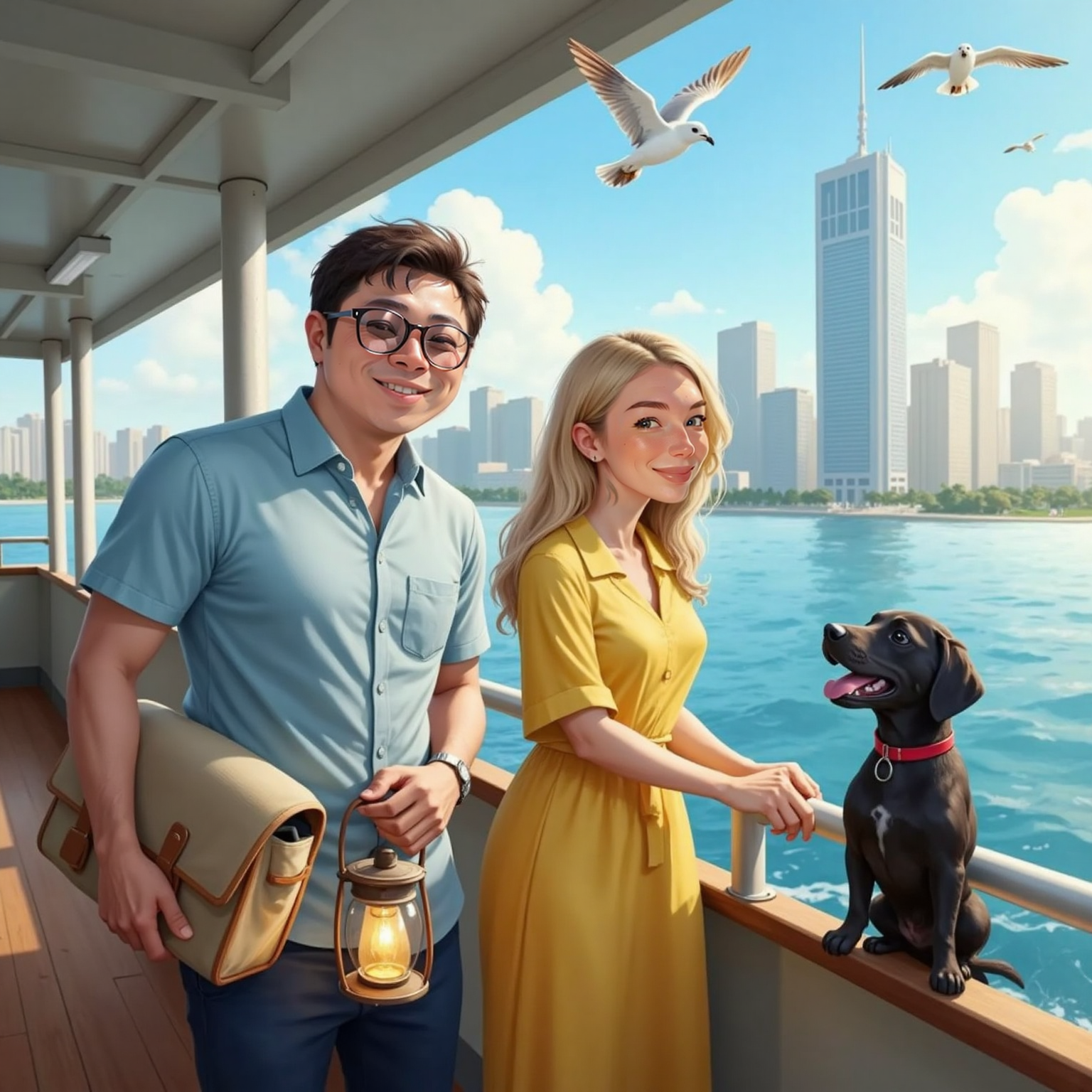 On the open deck of the Star Ferry under bright morning sun, Jack clutches a satchel faintly glowing from the hidden lantern while leaning over the rail. Lauren smiles at the skyline as Otto peers over the water, tongue out.
