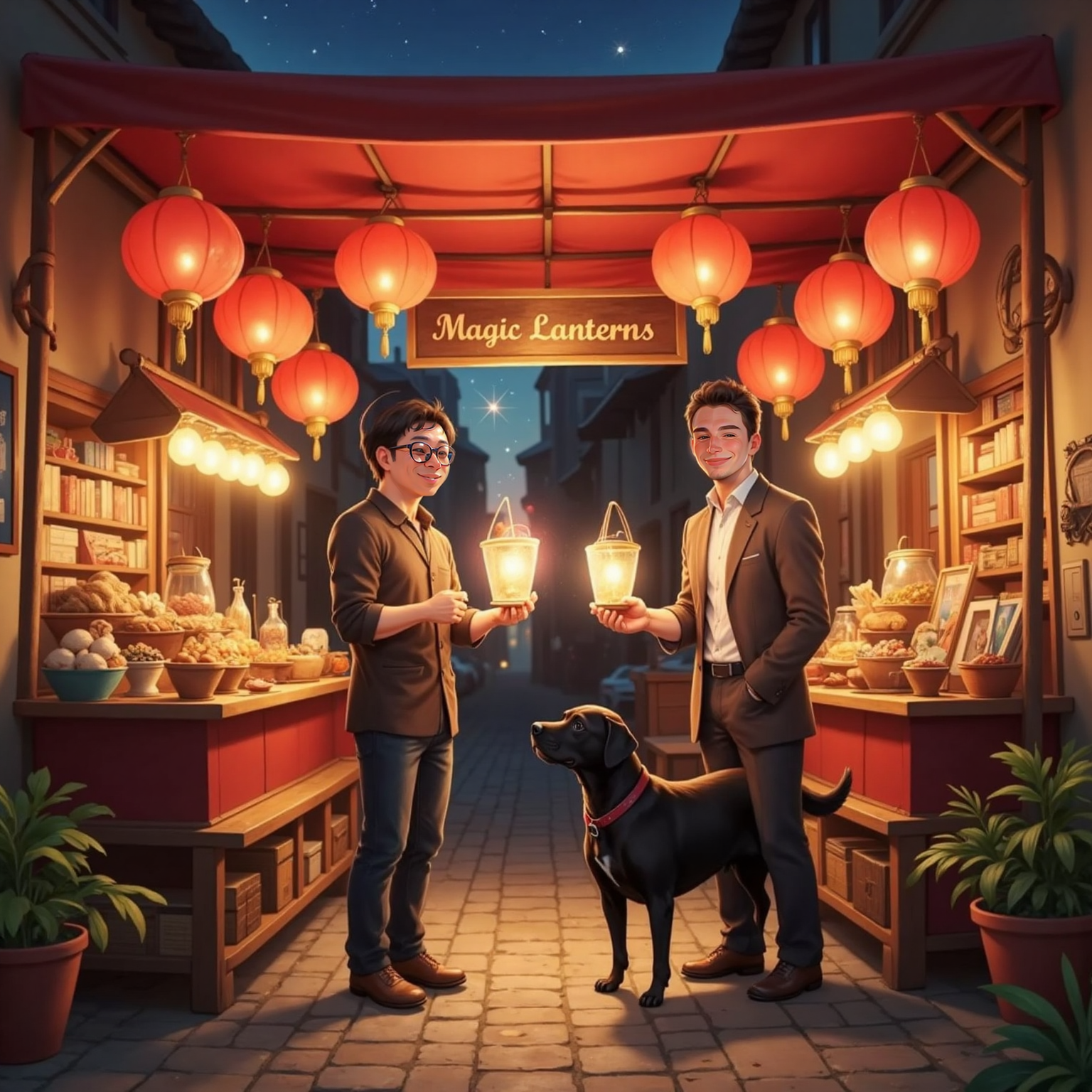 At a night-time street stall hung with glowing red lanterns, Ollie holds a newly bought small lantern that shimmers rainbow hues, eyes wide in wonder. Jack leans closer listening, while Otto stands alert, warm lantern light reflecting in their faces.