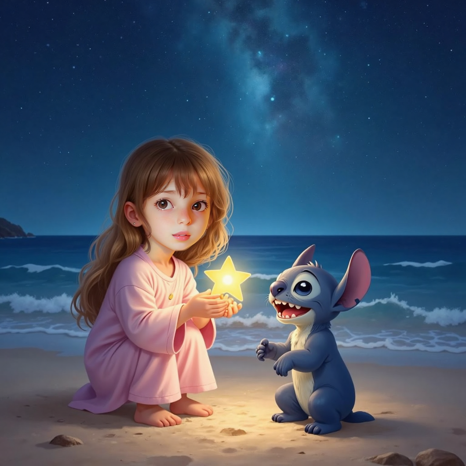 Starlit shoreline night: Anjeza cradles a glowing baby star with teardrop eyes in her palms, kneeling on glittering sand, while Stitch kneels beside her, smiling encouragingly beneath shimmering constellations.