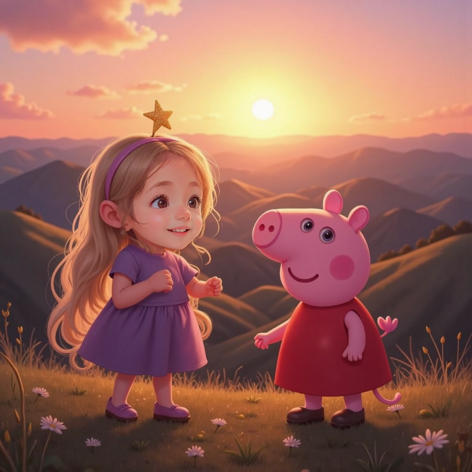 On a chocolate-hill overlook at sunset, warm orange light bathes Pepa smiling softly at Chiara. A tiny star perches atop Chiara's flowing hair while she gazes at the darkening pink world behind them.