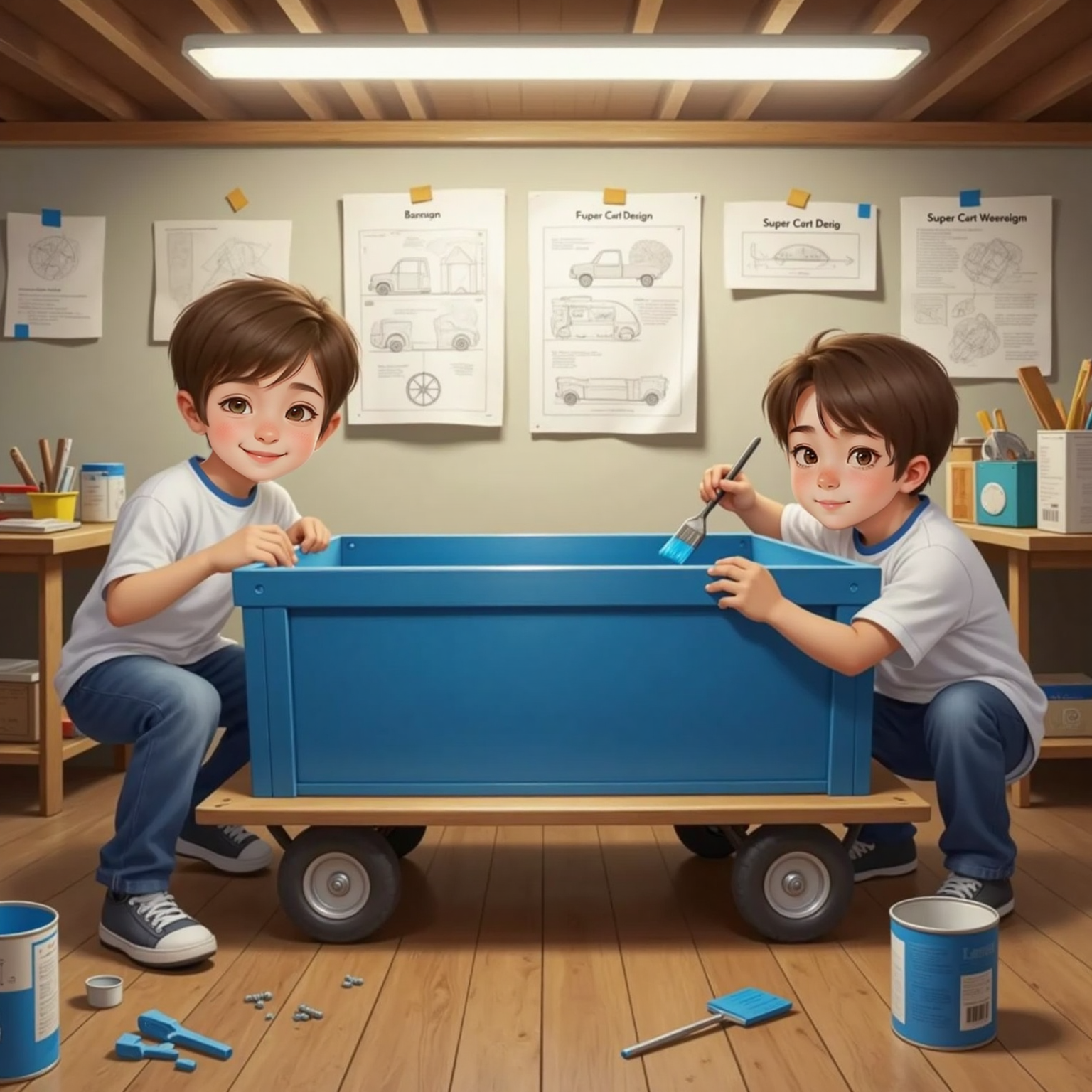 Under bright workshop lights, sketch pages taped to the wall, Hank and Frank paint the wooden sides of their partially built cart vibrant blue. Screws, wheels and paint cans lie scattered on the floor at their knees.
