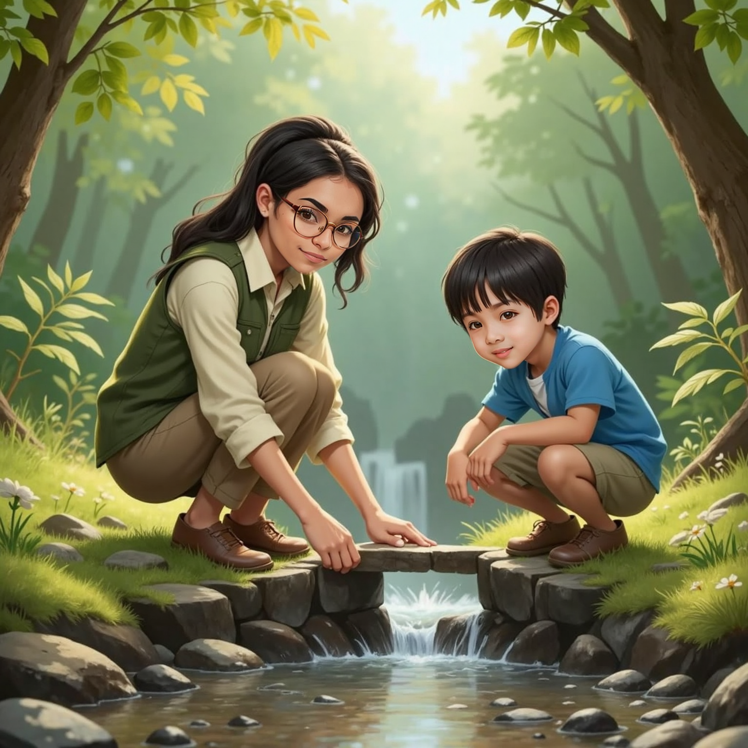 Under dappling sunlight, Emily bends over the water and slots a small flat helper stone into a gap between larger rocks; Leo, pebble gripped in right fist, studies the new bridge with focused eyes.