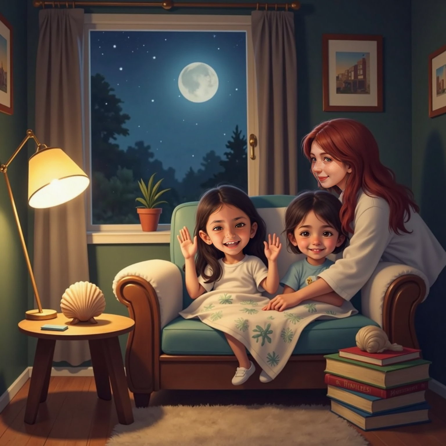 Night settles in the living room as Maya reaches to switch off the standing lamp beside a snug couch. Adel and Dina curl together under a blanket, waving goodnight toward the seashell resting alone on the nearby table.
