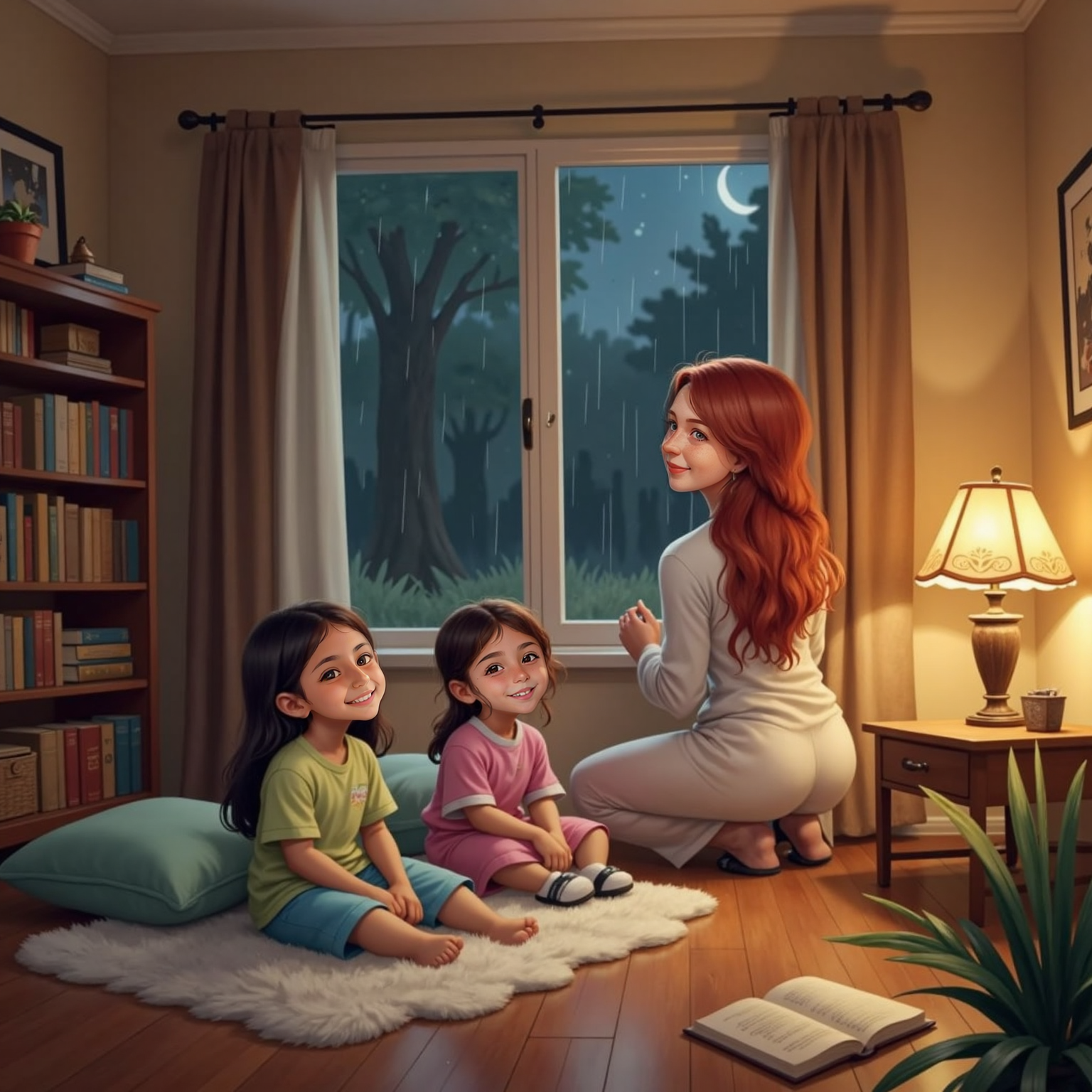 In the cozy living room at night, Maya reaches up to latch the rain-damp window under warm lamp light. Adel and Dina sit on cushions facing her, smiling expectantly.