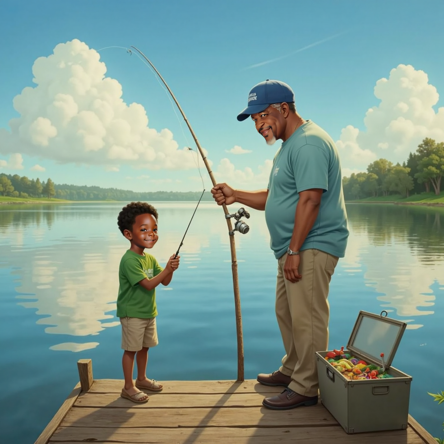 A gentle afternoon breeze ripples the lake as Amias stands alone on the dock, casting his line confidently. Poppi watches beside him, proud smile steady, tackle box resting near their feet.