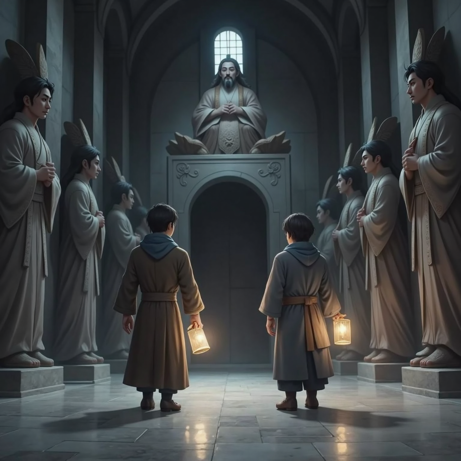 At midnight in a vast marbled hall, the trio tiptoes beneath a silver veil of darkness, the scroll glowing warmly in Lei Xuan’s hands. Kael Yun leads while Shen Mu casts cautious glances toward looming statues.