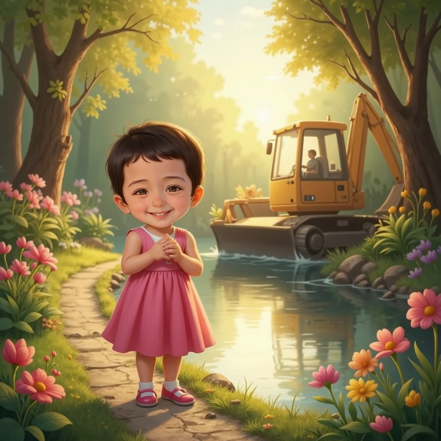 Along the flower-lit path at sunset, Arlind stands smiling with hands over heart while Skaf gleams beside the pond and Skrepi idles nearby, their reflections glowing gold in the warm, fading light of her magical sanctuary.