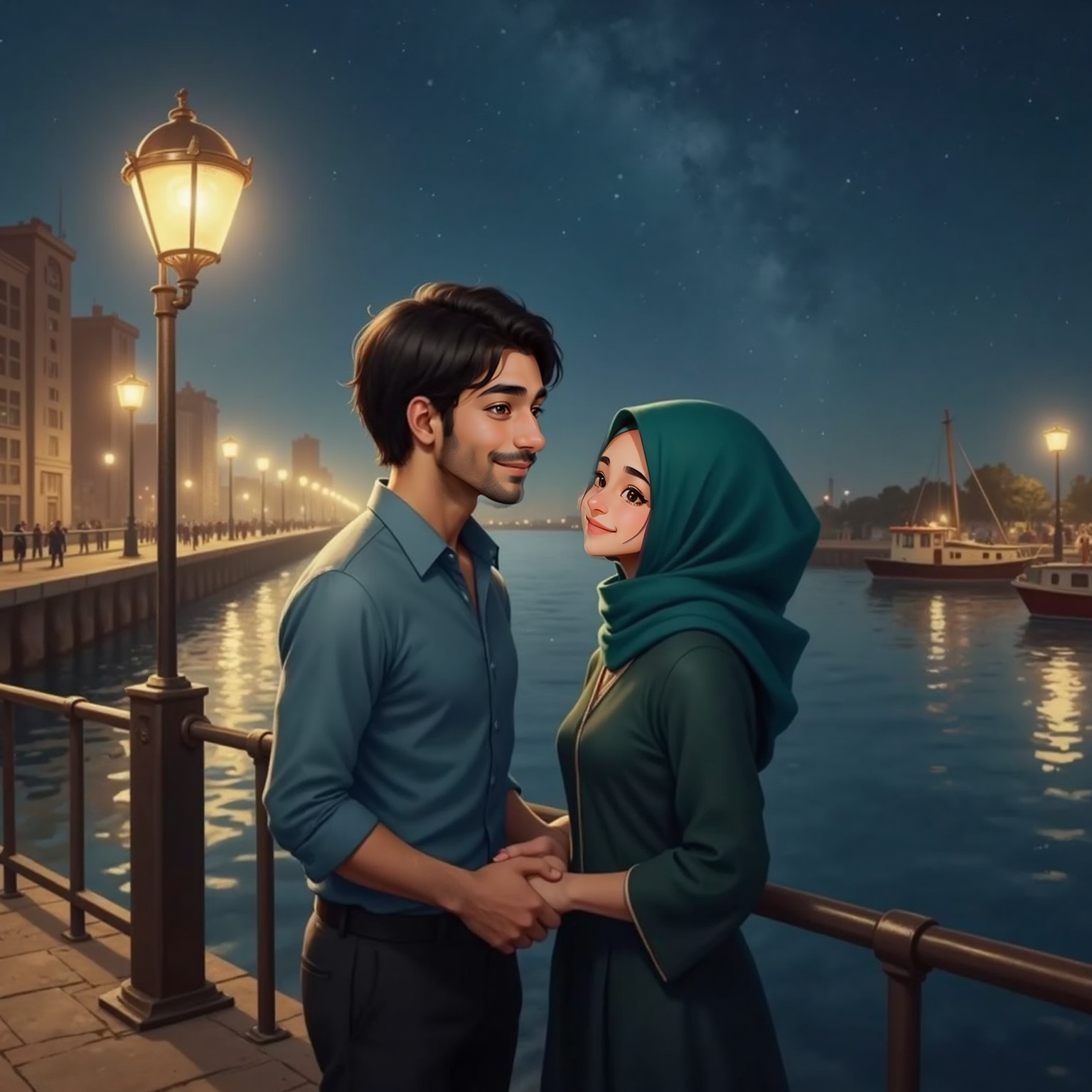 Beside the harbor rail at night, Soly and Koky stand close under newly lit streetlamps, watching golden reflections ripple across dark water. Their joined hands cradle the moment like a fragile treasure.
