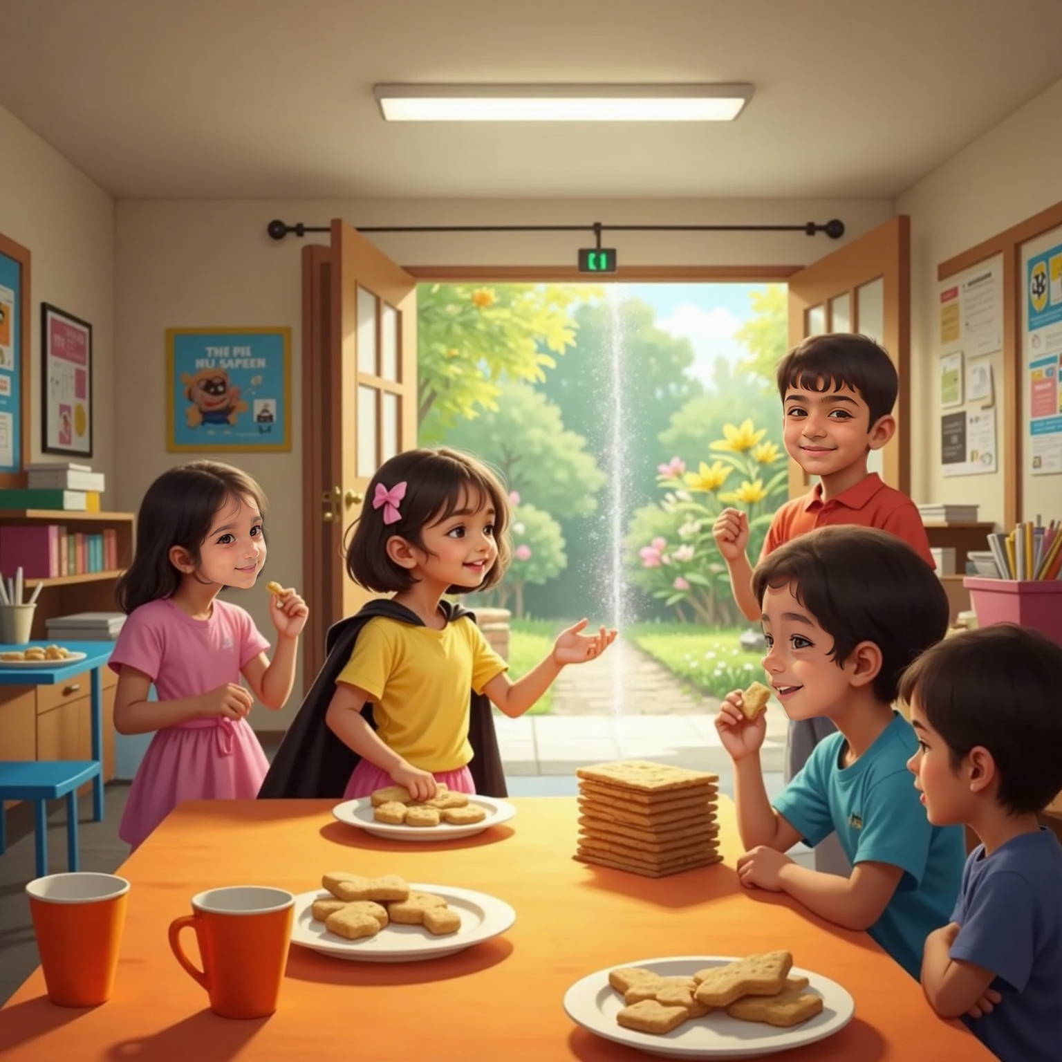 Inside the bustling cafeteria, a long snack table is covered with bat-shaped crackers and orange cups. Vidyut, munching a cracker, nods toward glitter drifting through an open garden door while Sara and Vihaan watch eagerly.