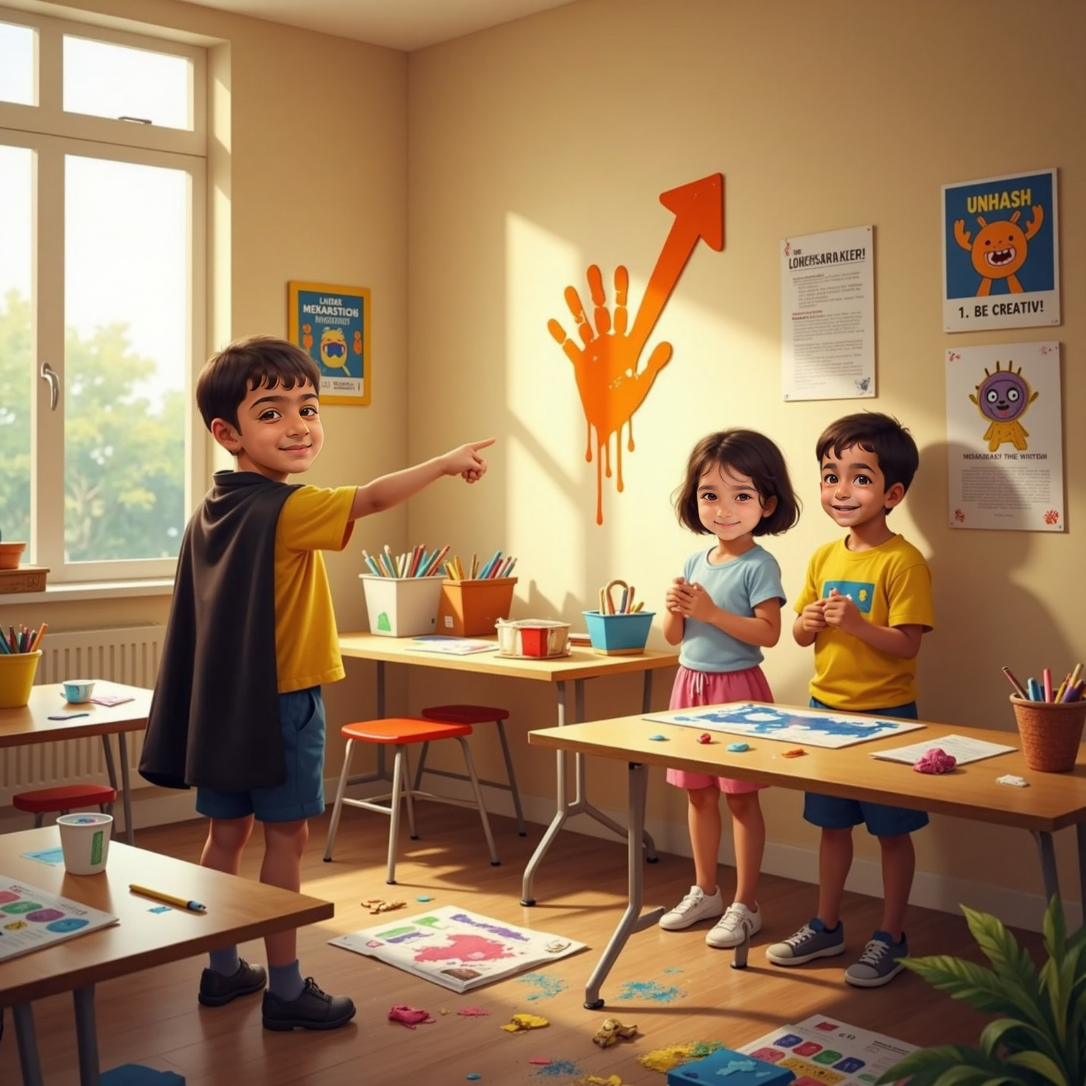 Inside the sunlit Art Room, Vihaan lifts a paint-smeared hand toward a bright orange handprint arrow on the wall. Sara and Krishaay stand amid glitter-dusted tables and half-finished monster masks, eyes following his pointed direction.