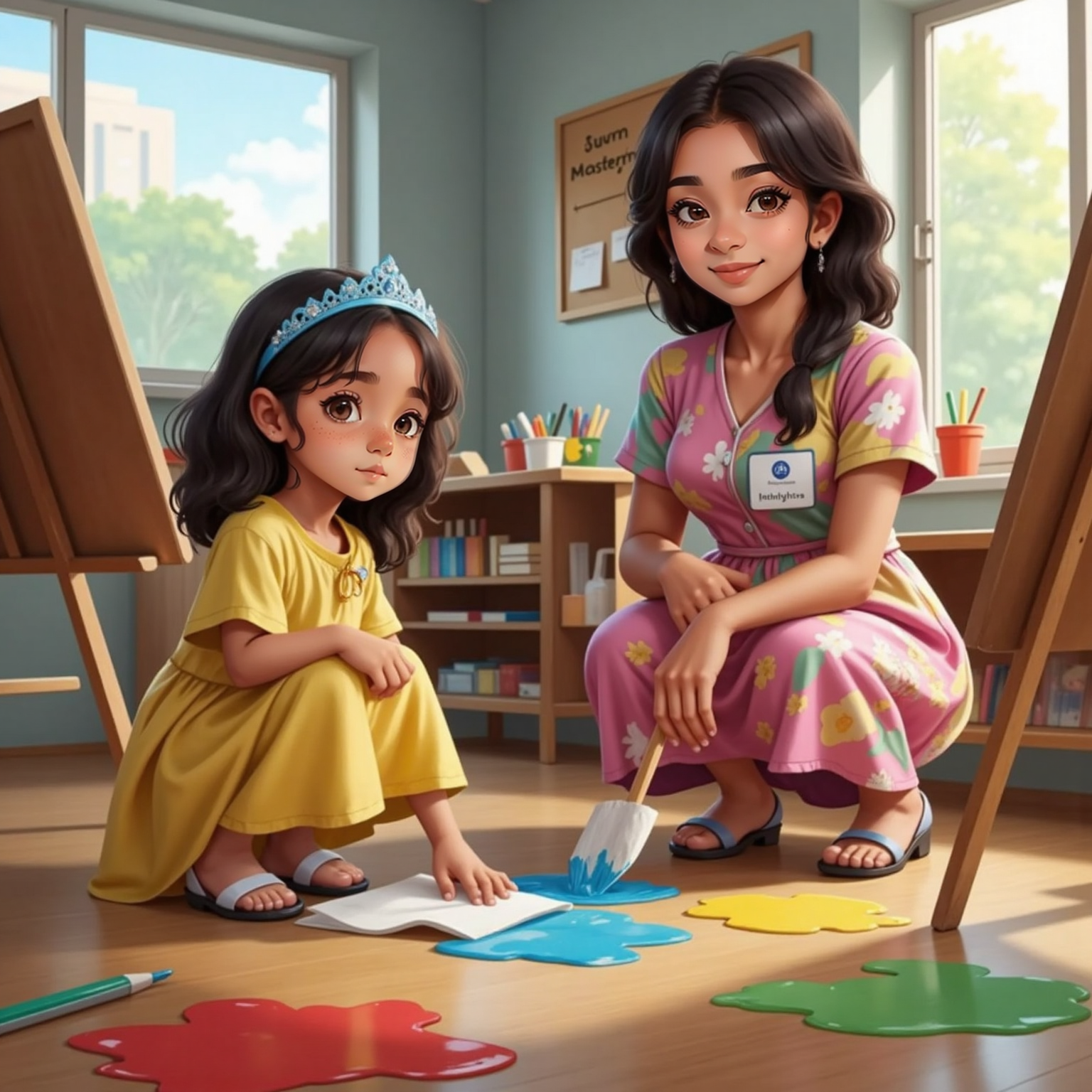 Afternoon light filters across the art classroom where bright paint pools on the floor; Lili kneels with a wad of paper towels, focused yet serene, while Professora Ana stands behind an easel smiling approvingly.