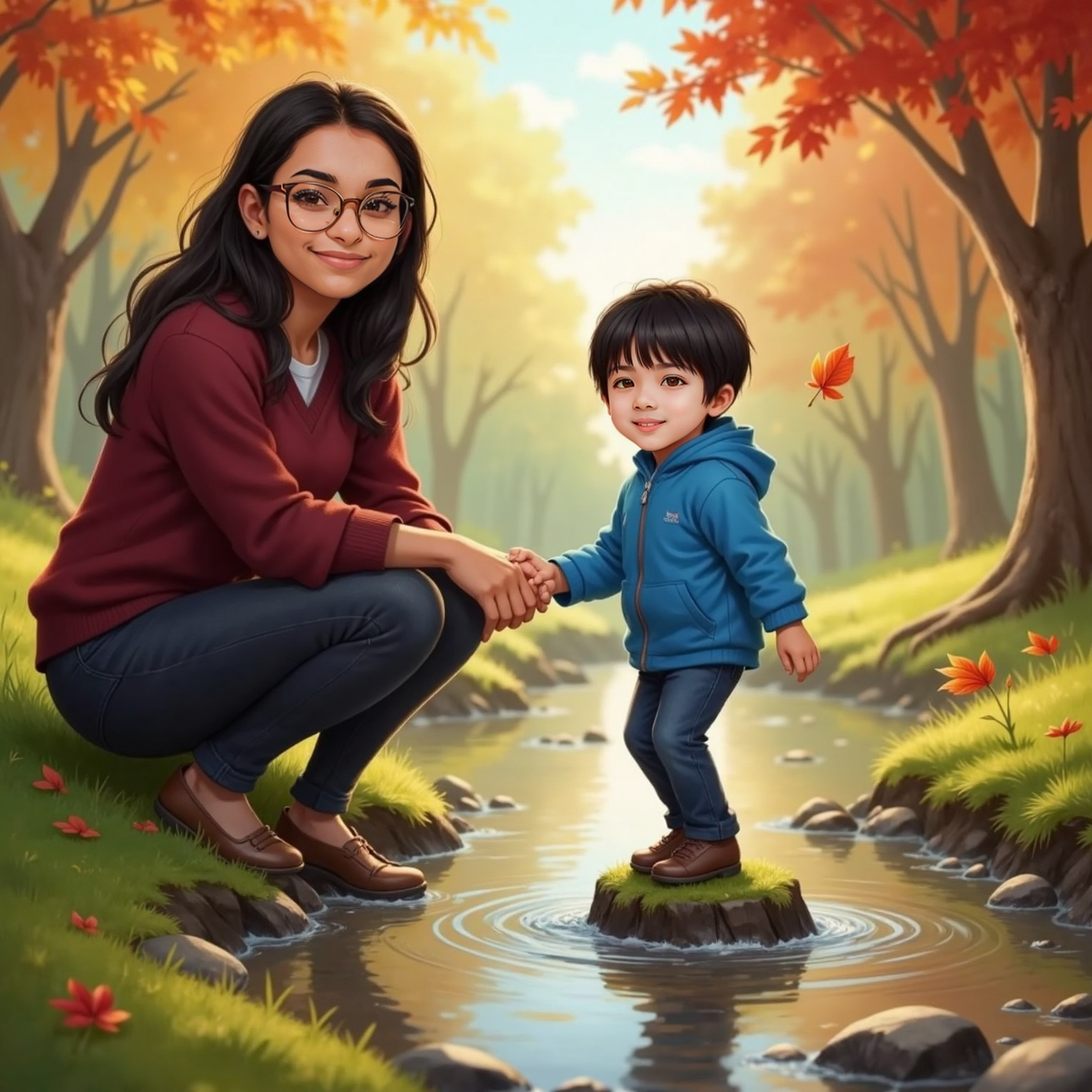 A sudden breeze whirls autumn leaves across the creek, afternoon light dancing; Leo stands balanced on a stone, eyes narrowed, squeezing the pebble in his right hand, while Emily smiles reassuringly from the bank.