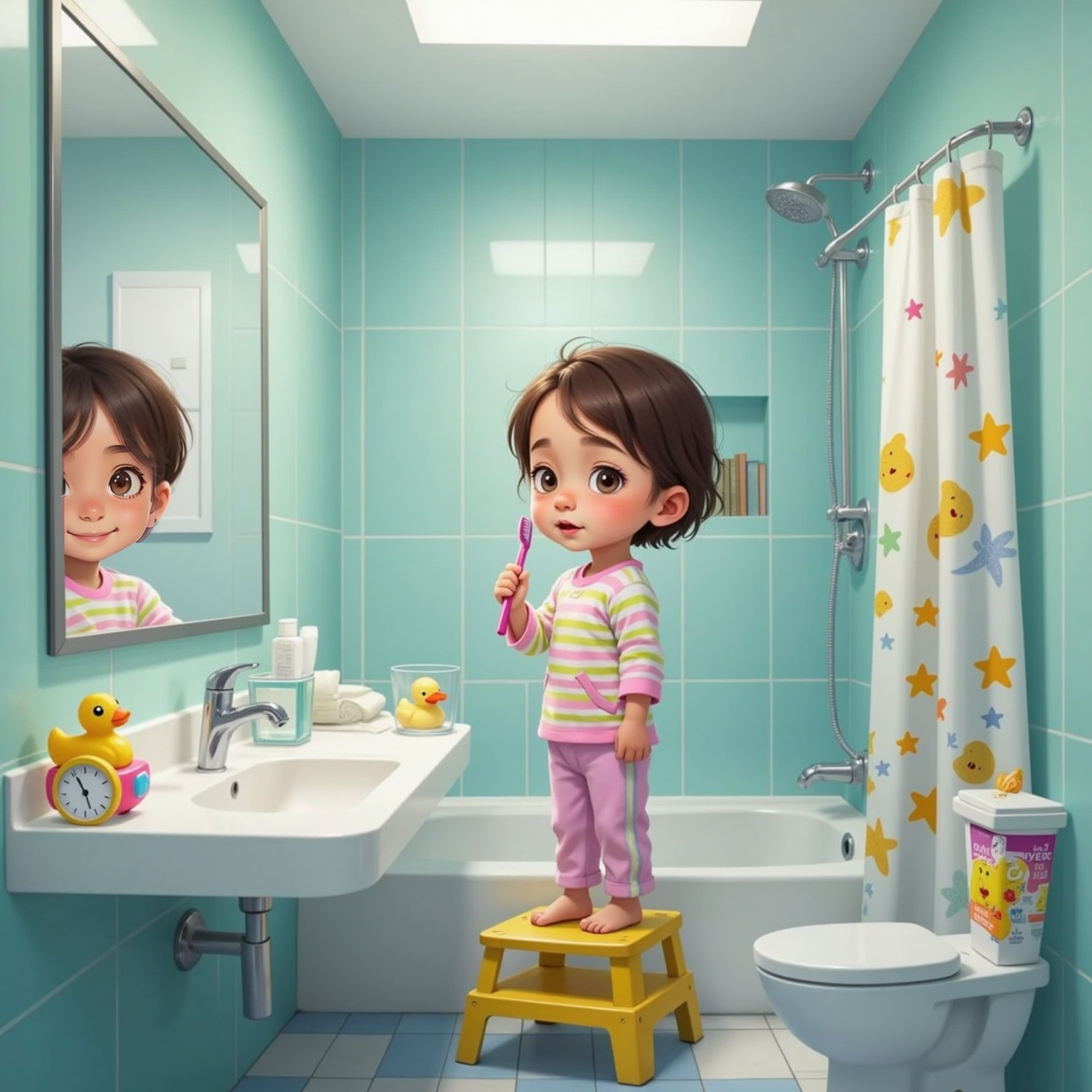 Under bright bathroom lights, Barbara stands facing the mirror with cheeks puffed slightly while brushing her teeth with a pink toothbrush; a timer and a clear glass of water rest on the counter next to minty toothpaste.