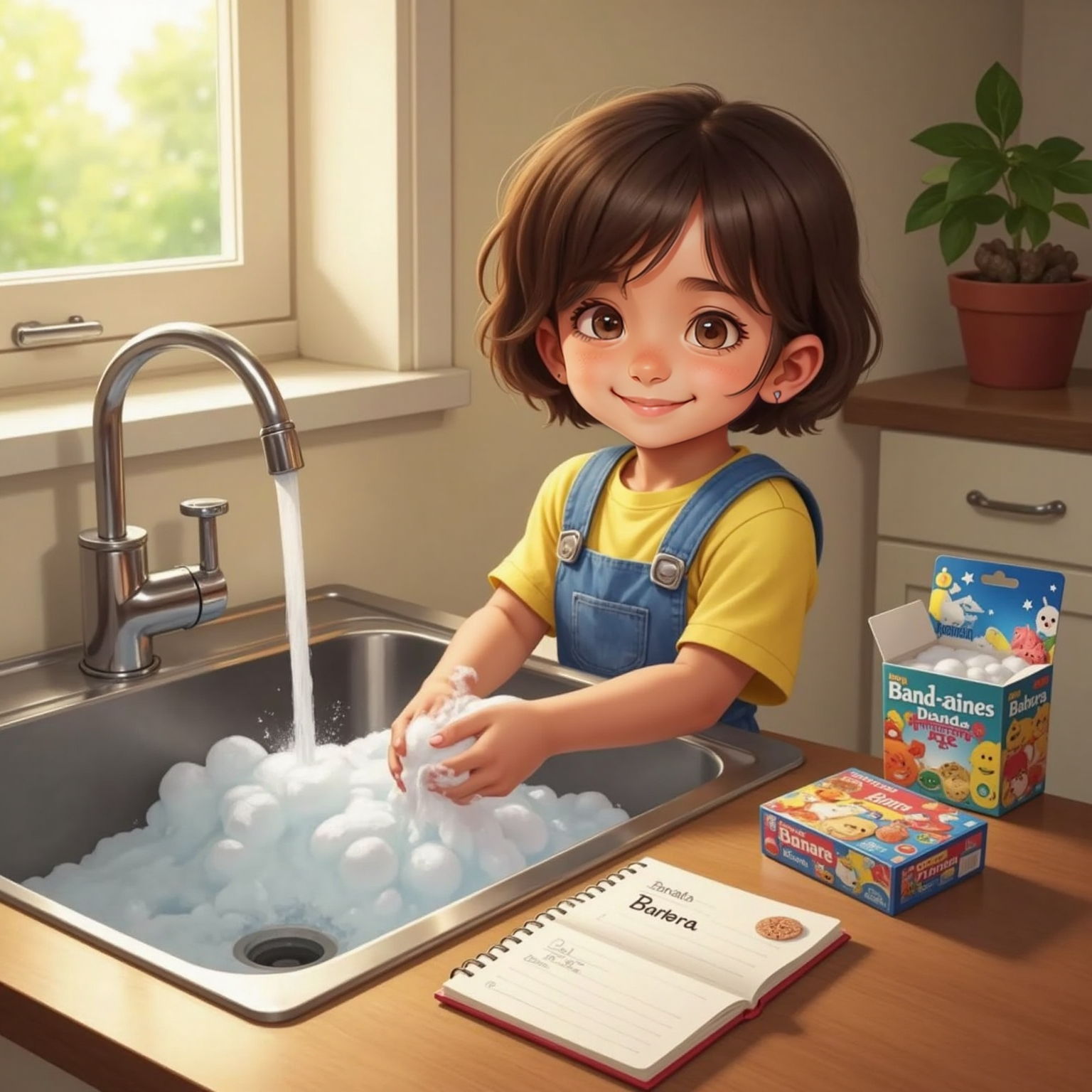 At the stainless-steel kitchen sink on a sunny afternoon, Barbara lathers her hands with foamy soap, concentrating; an open box of colorful band-aids and a half-written notebook page bearing her neatly printed name lie on the counter.