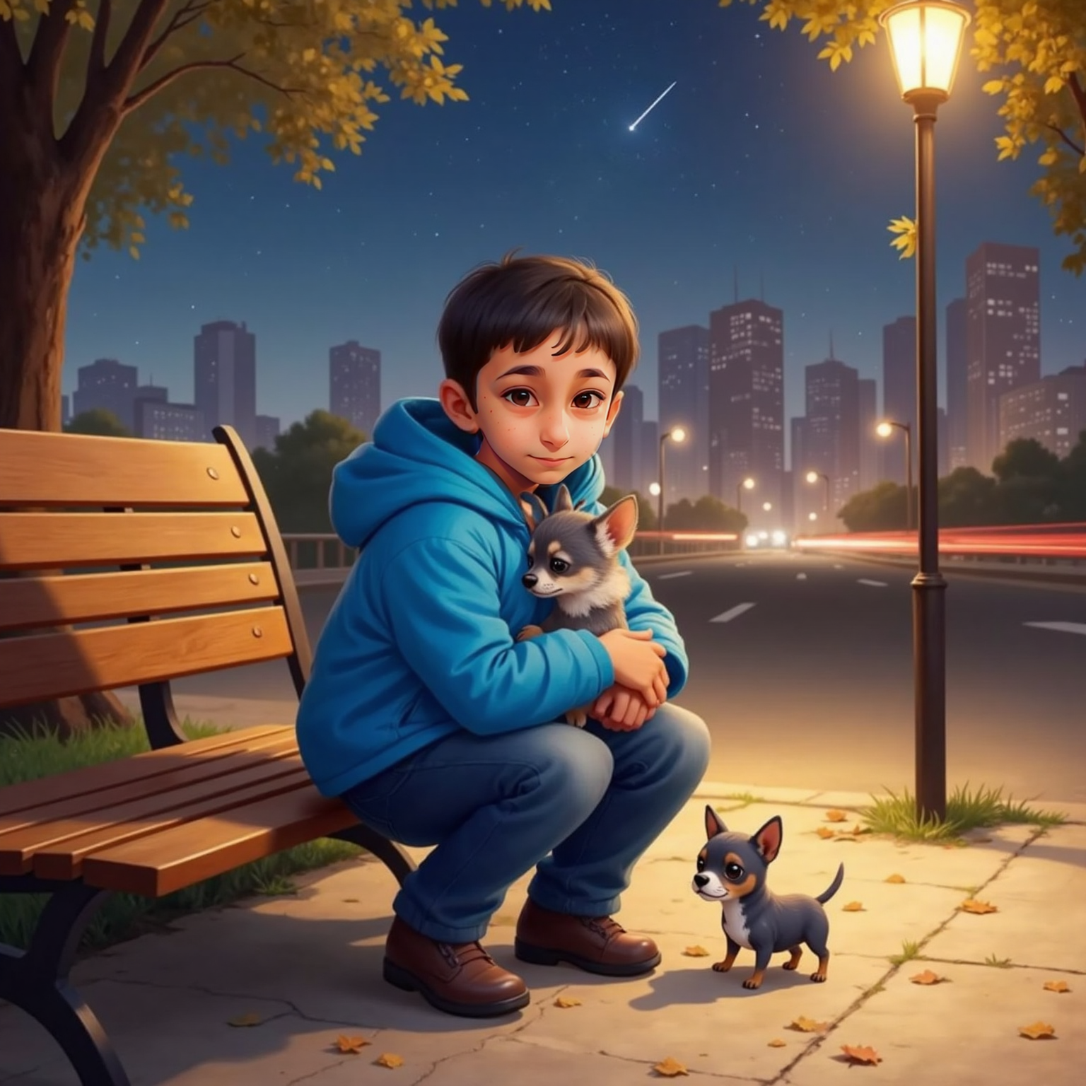 Under warm streetlights, Arin kneels beside a bench and hugs Lilo tightly, the tiny dog looking happy while the night city glows around them.