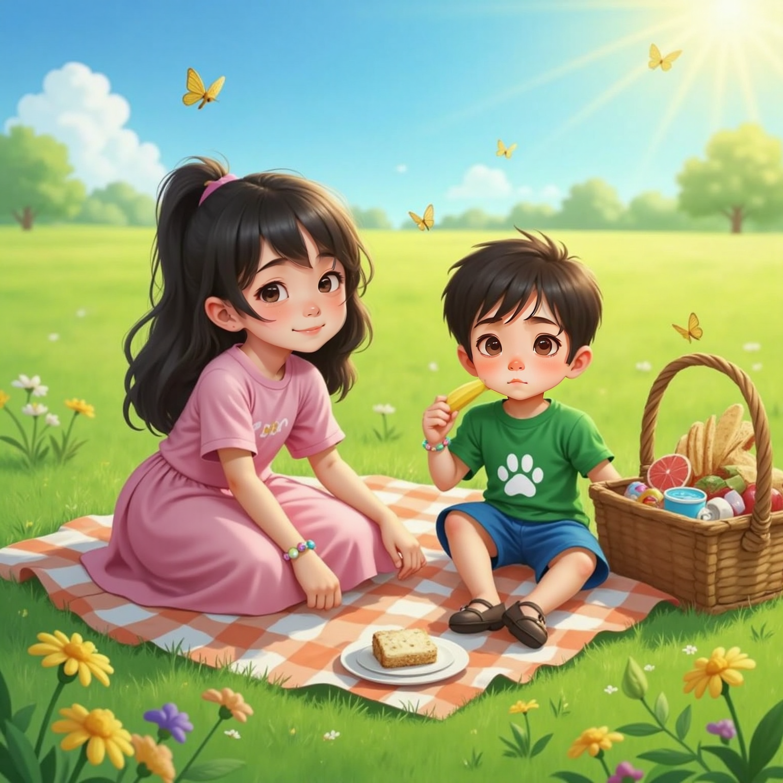 On a sunny picnic blanket in the meadow, Aya tilts her face toward the warm noon sun while Dino bites a bright yellow banana. Short shadows lie on the grass beneath the vivid blue sky.