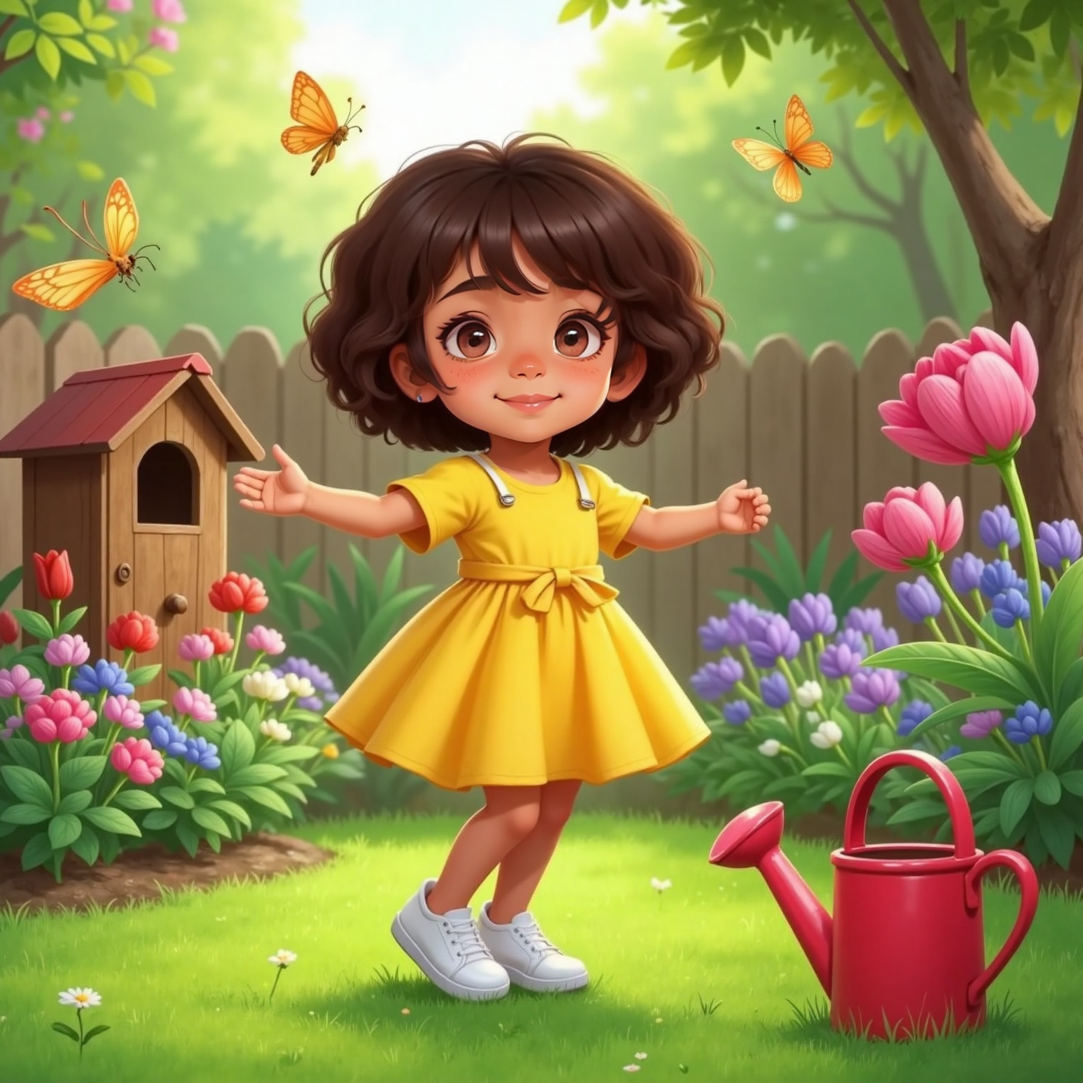 Bright morning sun bathes the backyard garden, lighting a new circle of multicolored flowers. Lily twirls on the grass, arms wide and smiling, as a pink tulip with a smiling face waves nearby.