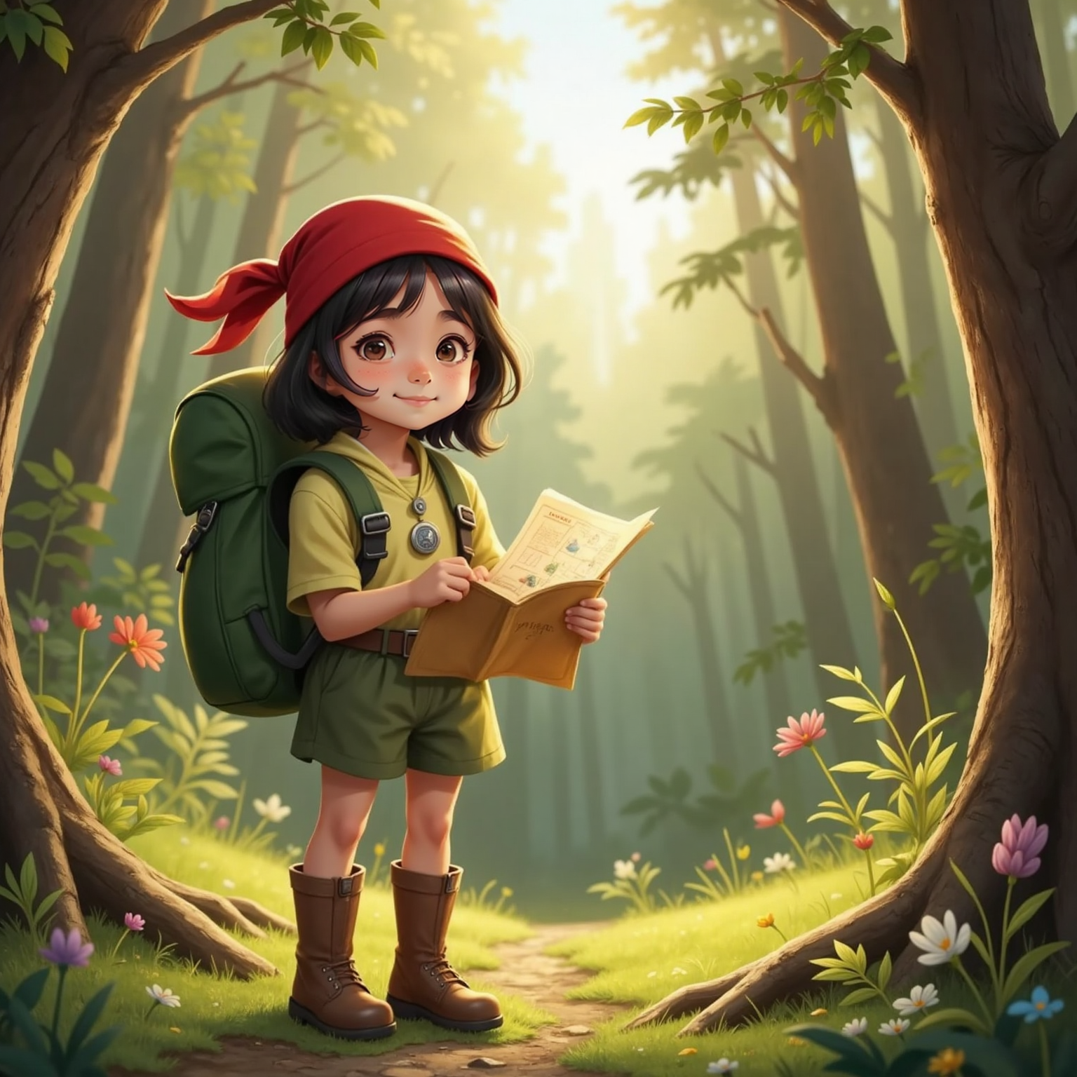 At the forest edge, Maya puts memory stones in her pocket and marks her map, her bandana lifted by the breeze.