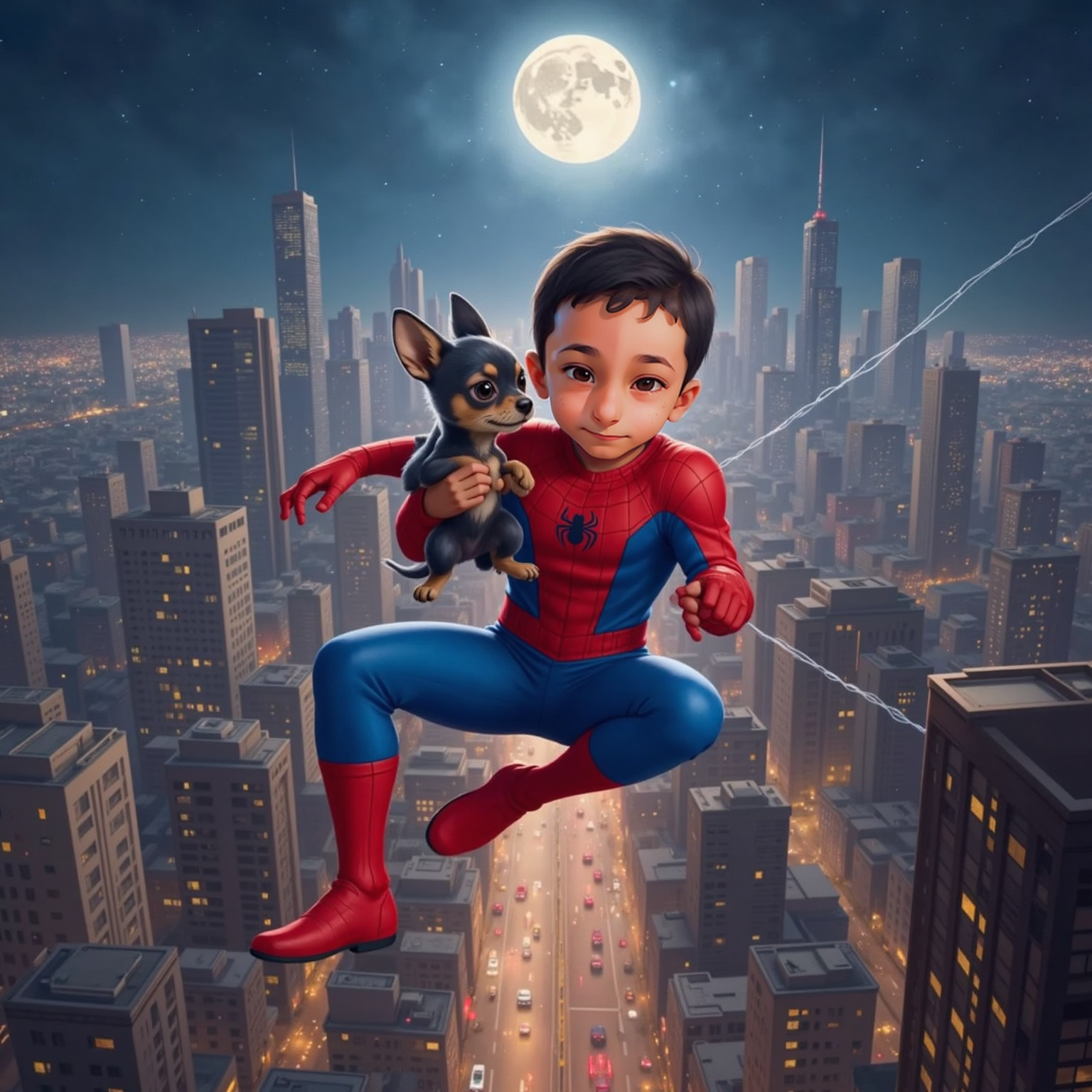 Arin swings high over the city holding tiny Lilo safely in one arm, his Spiderman suit glowing in moonlight as tall buildings shine below.