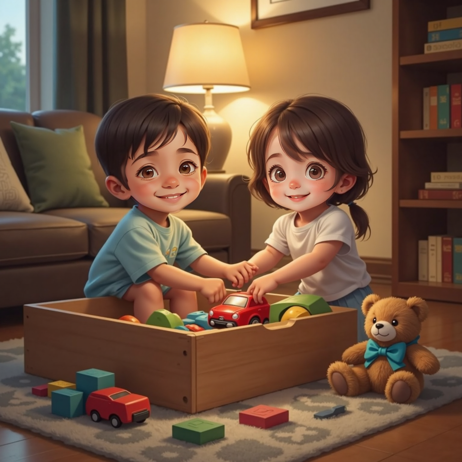 Still in the living-room under warm evening lamp-light, an open toy box sits centre stage. Sebas guides Maria Paz’s hand as she lowers the cherished toy car beside a plush bear, both siblings smiling proudly.