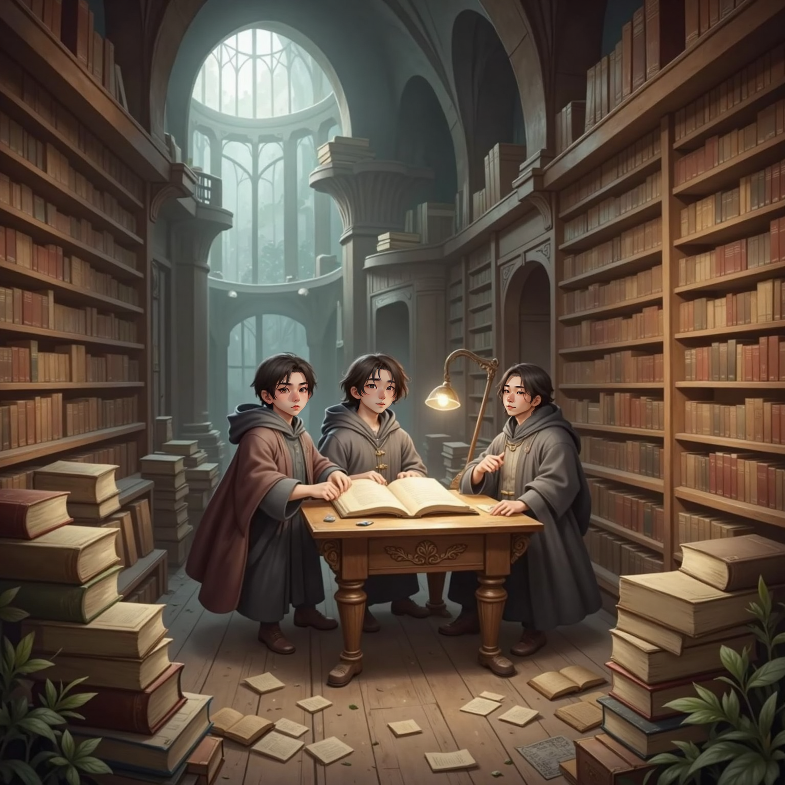 Inside a towering library lined with dusty shelves, stormy wind tugs at books and the fluttering scroll laid across a reading table. Kael Yun listens intently while Lei Xuan and Shen Mu laugh, papers swirling around their feet.