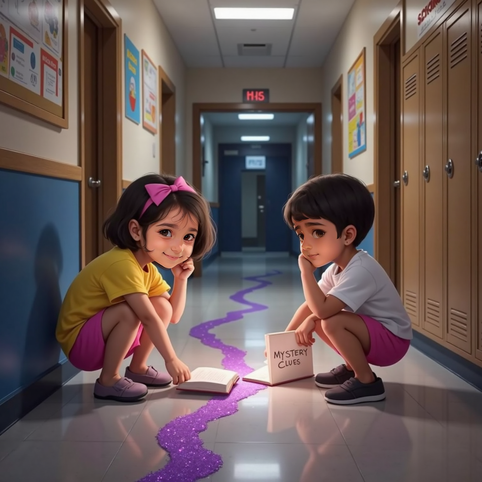 In the dim school corridor under flickering ceiling lights, Sara flips open a clue notebook beside Kiaan, who kneels ear to the floor, both following a sprinkled trail of glitter that points toward the Art Room doors.