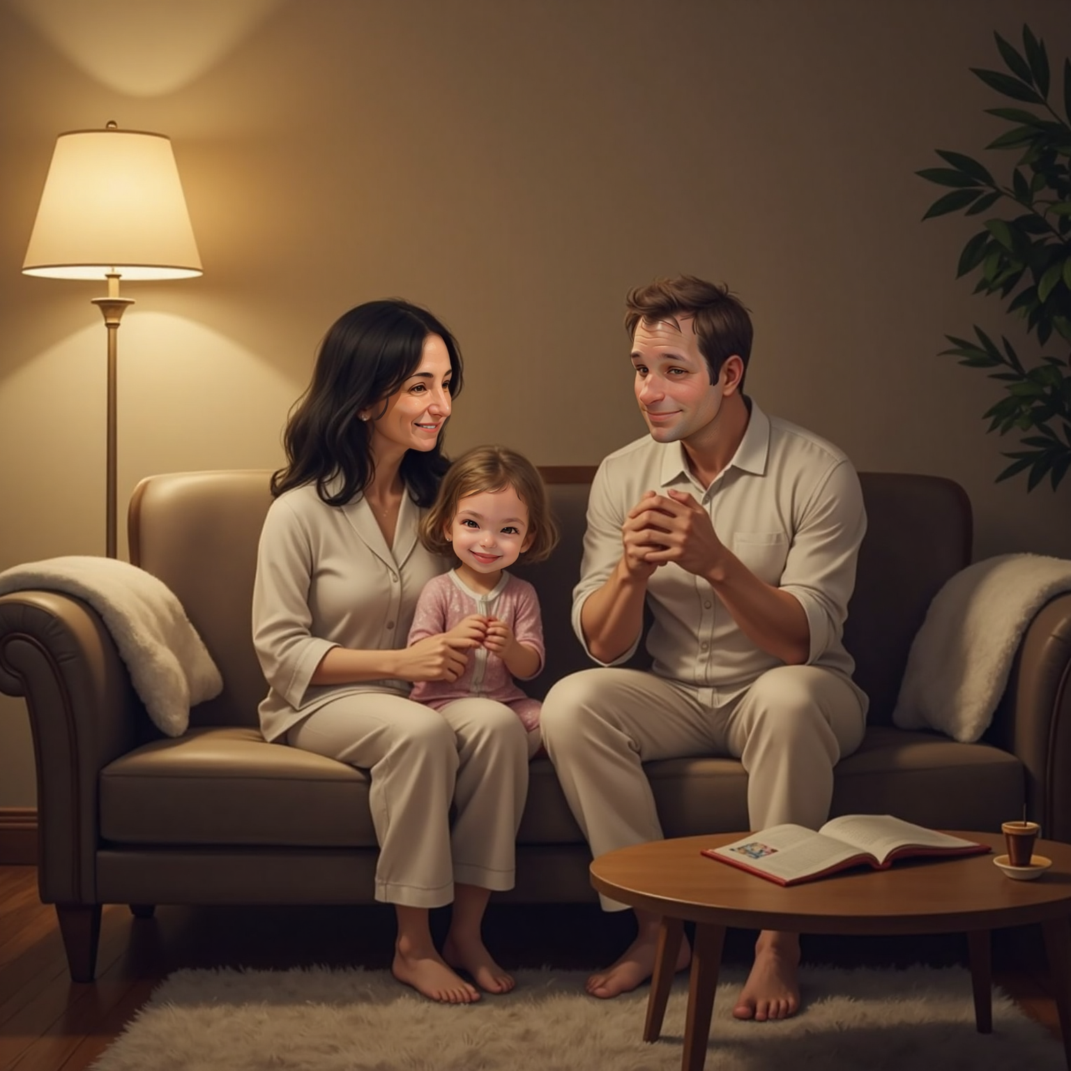 In the cozy living-room at night, lamplight glows while Daddy cups hands to stage-whisper toward Thea, who imitates him as Mommy performs slow “smell-flowers, blow-candles” breathing beside them, shoulders lowered.