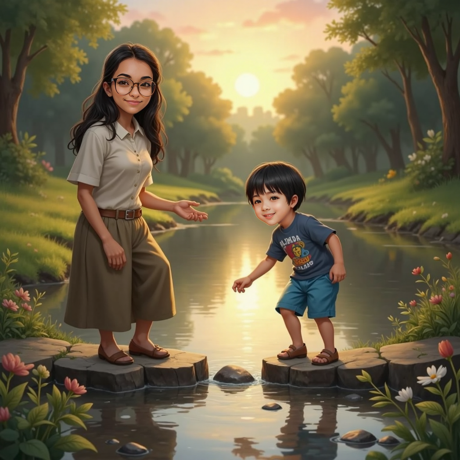 Near the creek’s center at dusk, Leo stands on a broad stone, rolling the pebble across his right-hand fingers and bending knees lightly; Emily, beside the water, gestures encouragingly toward the final gap.