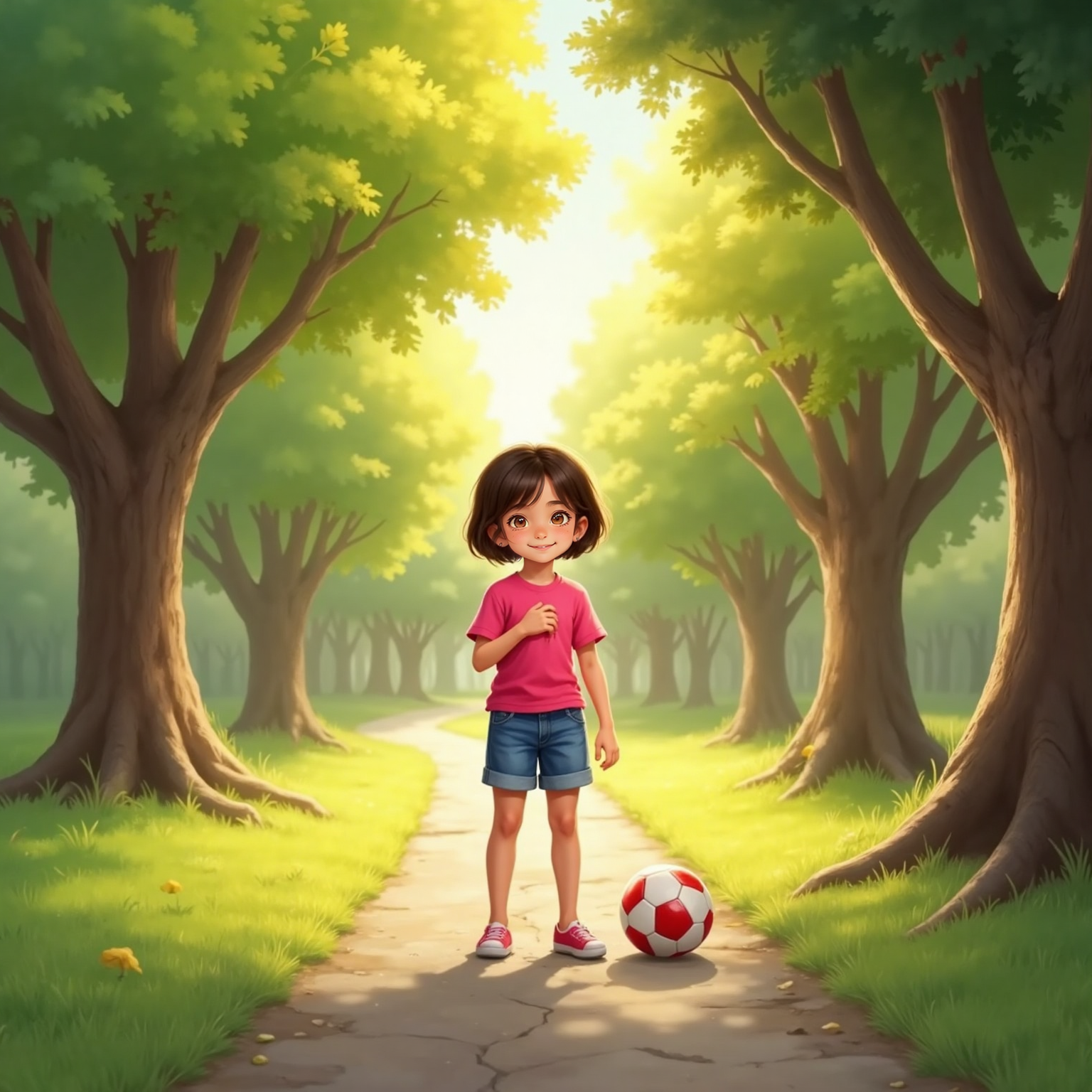 Along a tree-lined park path in late afternoon, Barbara stands with one hand over her chest, eyes closed, taking a deep breath. Sunbeams filter through leaves, and a soccer ball rests at her feet.