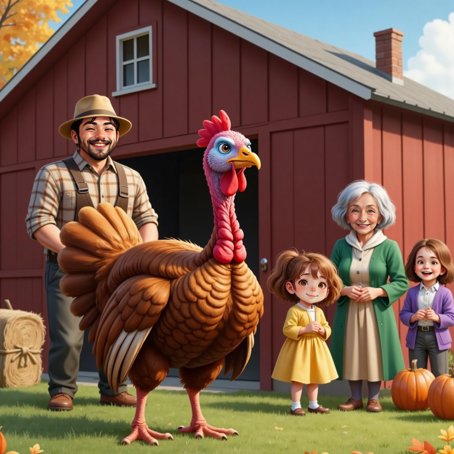 Tommy’s shocked face with wide eyes and raised feathers. Background: Farmer Fred laughing with the family, unaware. Comedic reaction, expressive and cartoon-like