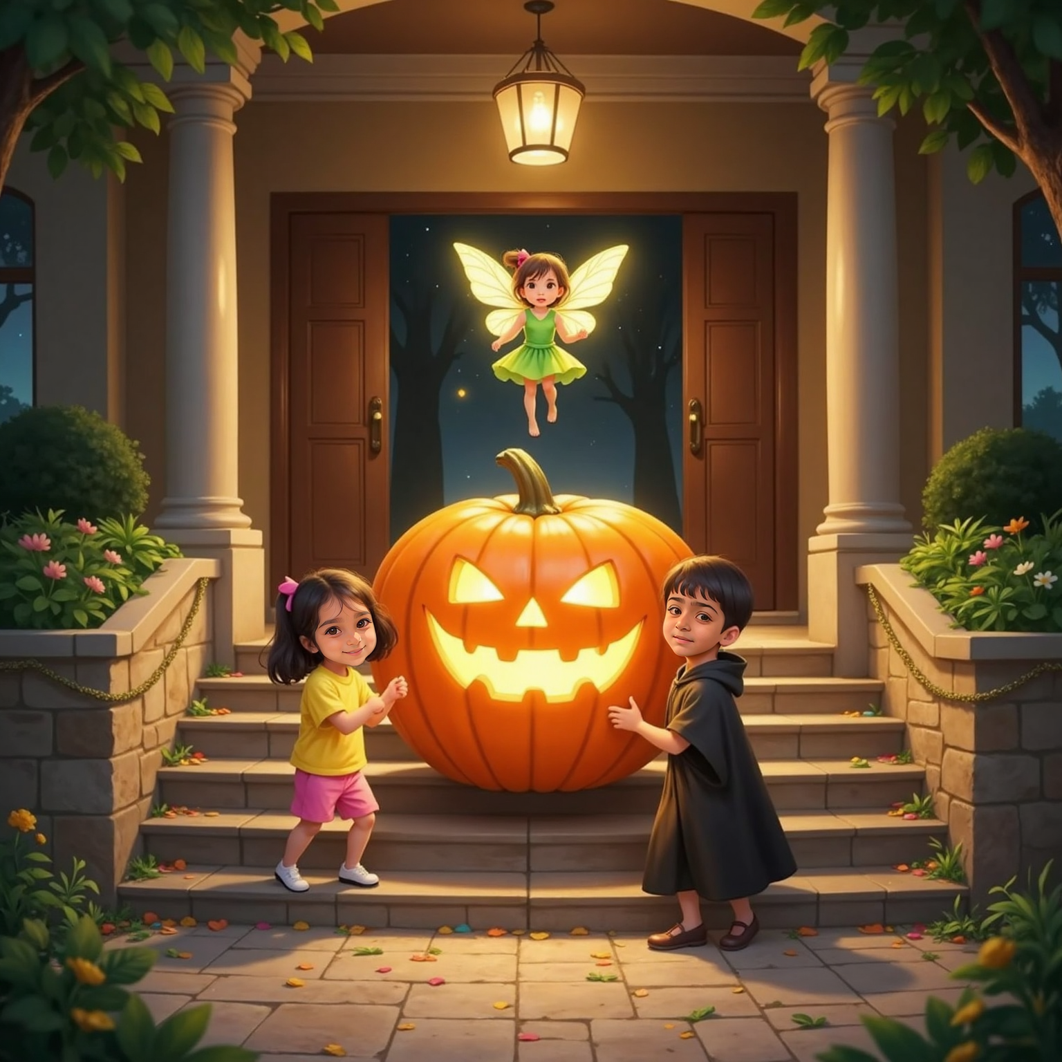 Nighttime floodlights shine on Hill Spring's front steps where drums boom and confetti rains. Sara and Vihaan push the radiant pumpkin while a tiny forest sprite with luminescent wings and a green leaf dress hovers proudly above it.