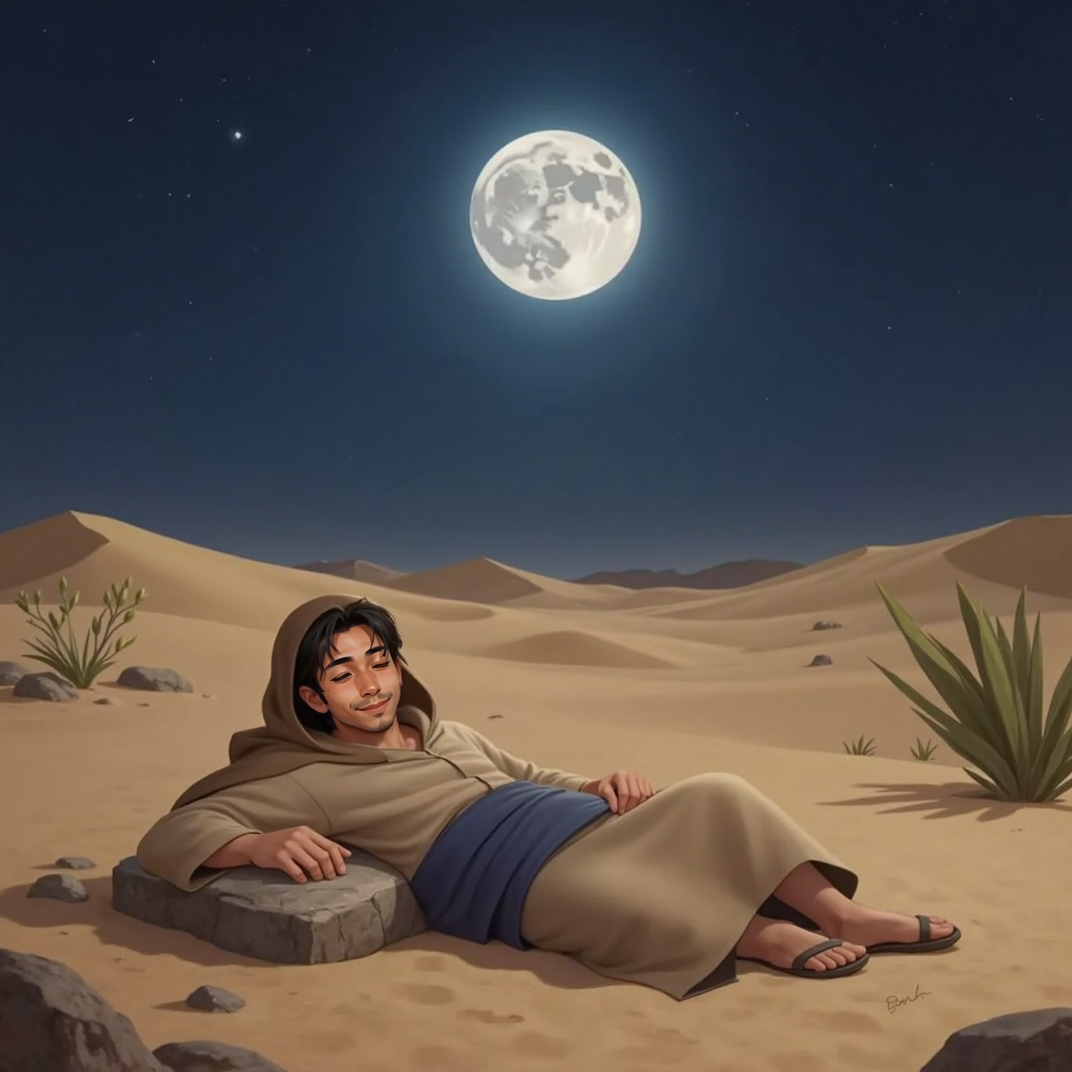At night on a quiet desert clearing, Jacó lies on his side using a smooth stone as a pillow, eyes closing peacefully while a bright full moon hangs overhead, bathing him in silver light.