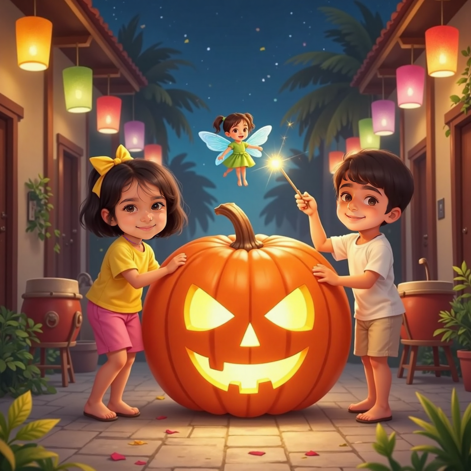 At the lantern-lit courtyard night parade, Kiaan lifts the front of the brilliantly glowing pumpkin while Sara guides the rear, and a tiny forest sprite with glowing wings brandishes a small wand above thundering drums and swirling confetti.