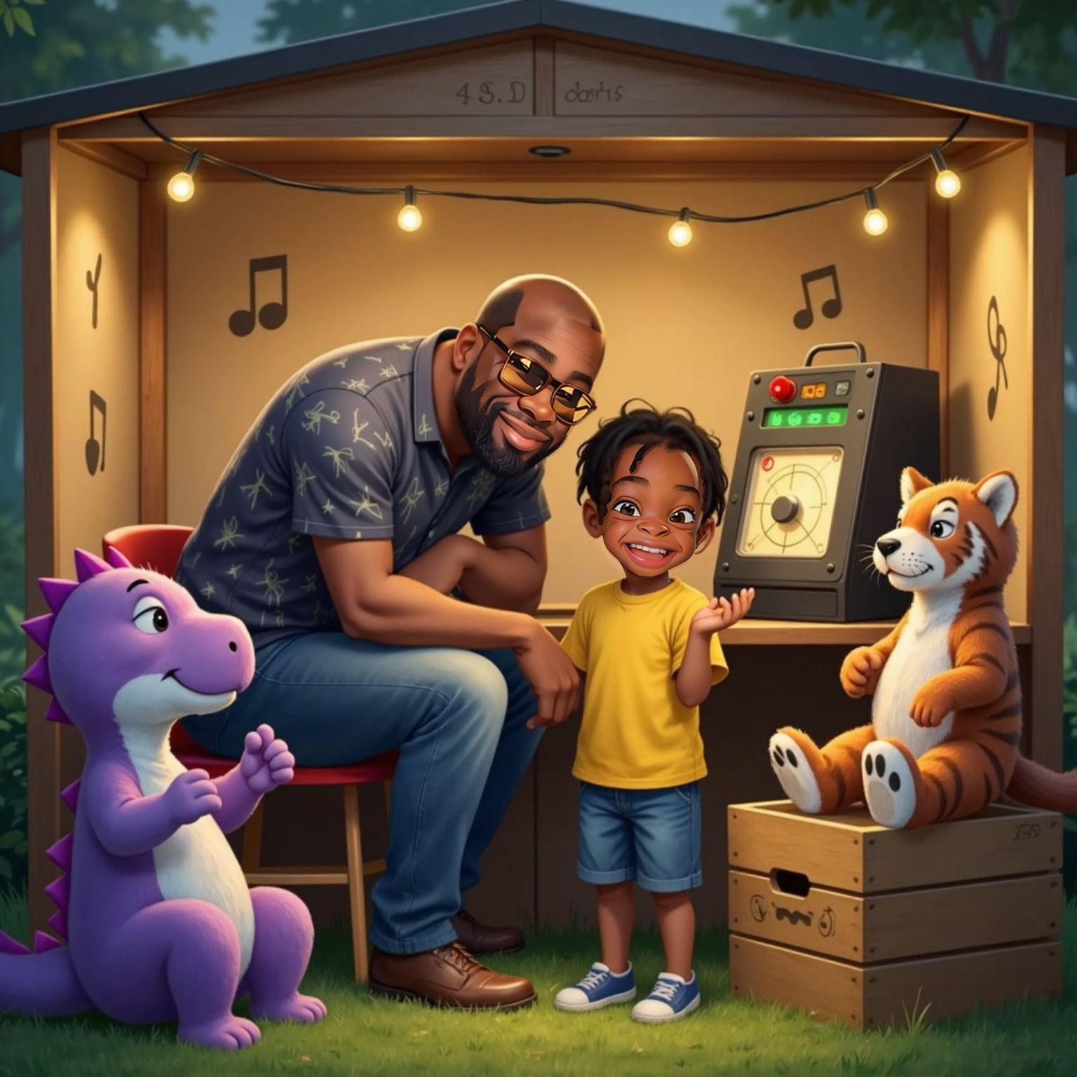 Inside the park booth during late evening, green volume LEDs dim as Daddy demonstrates turning a large knob down. Hunter stands beside, politely gesturing a low palm and smiling toward an imaginary crowd of plush toys set on a crate.