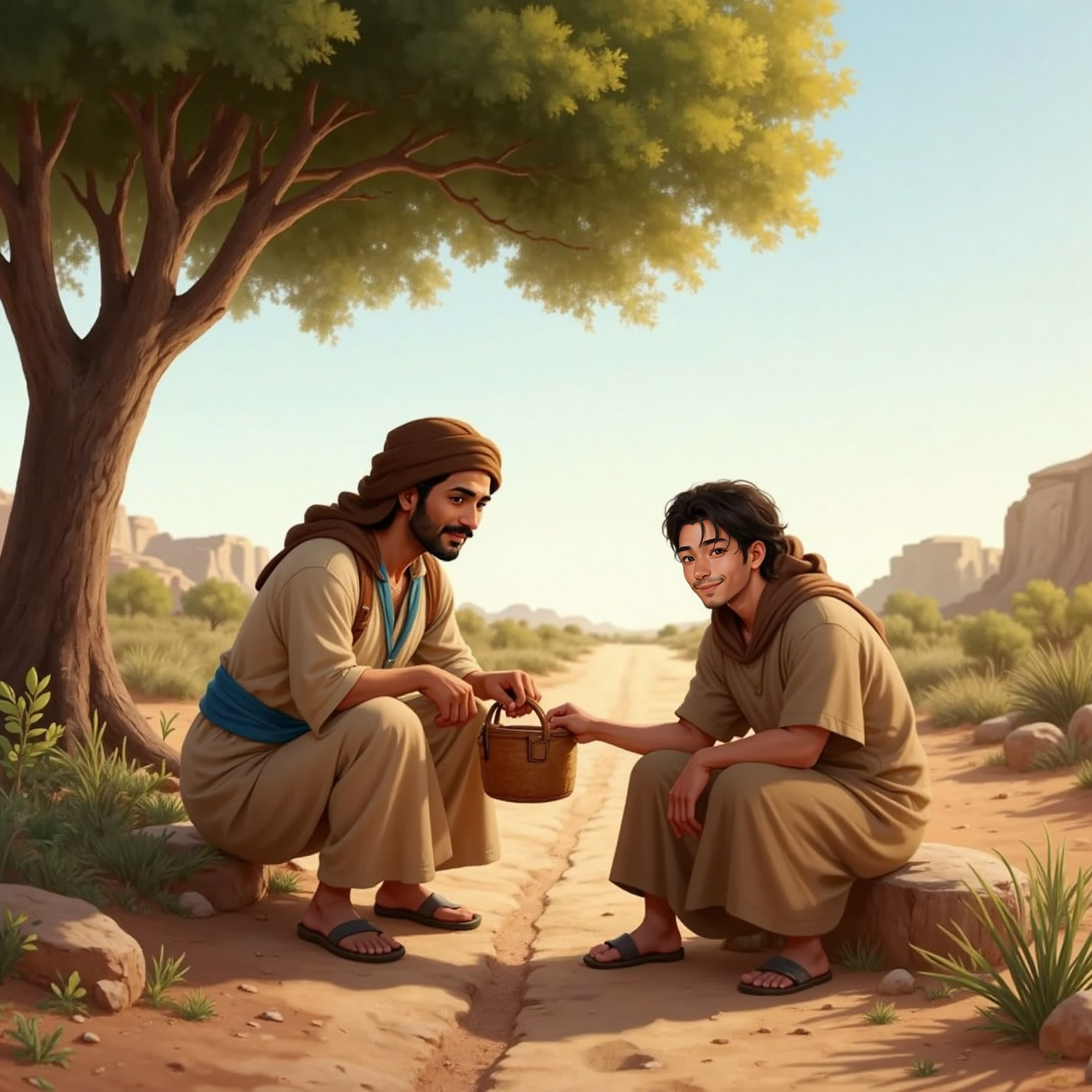 Under the sparse shade of an acacia tree on a dusty trail, Jacó kneels to offer his leather waterskin to a weary traveler sitting on a rock; both faces soften in relief under hot afternoon light.