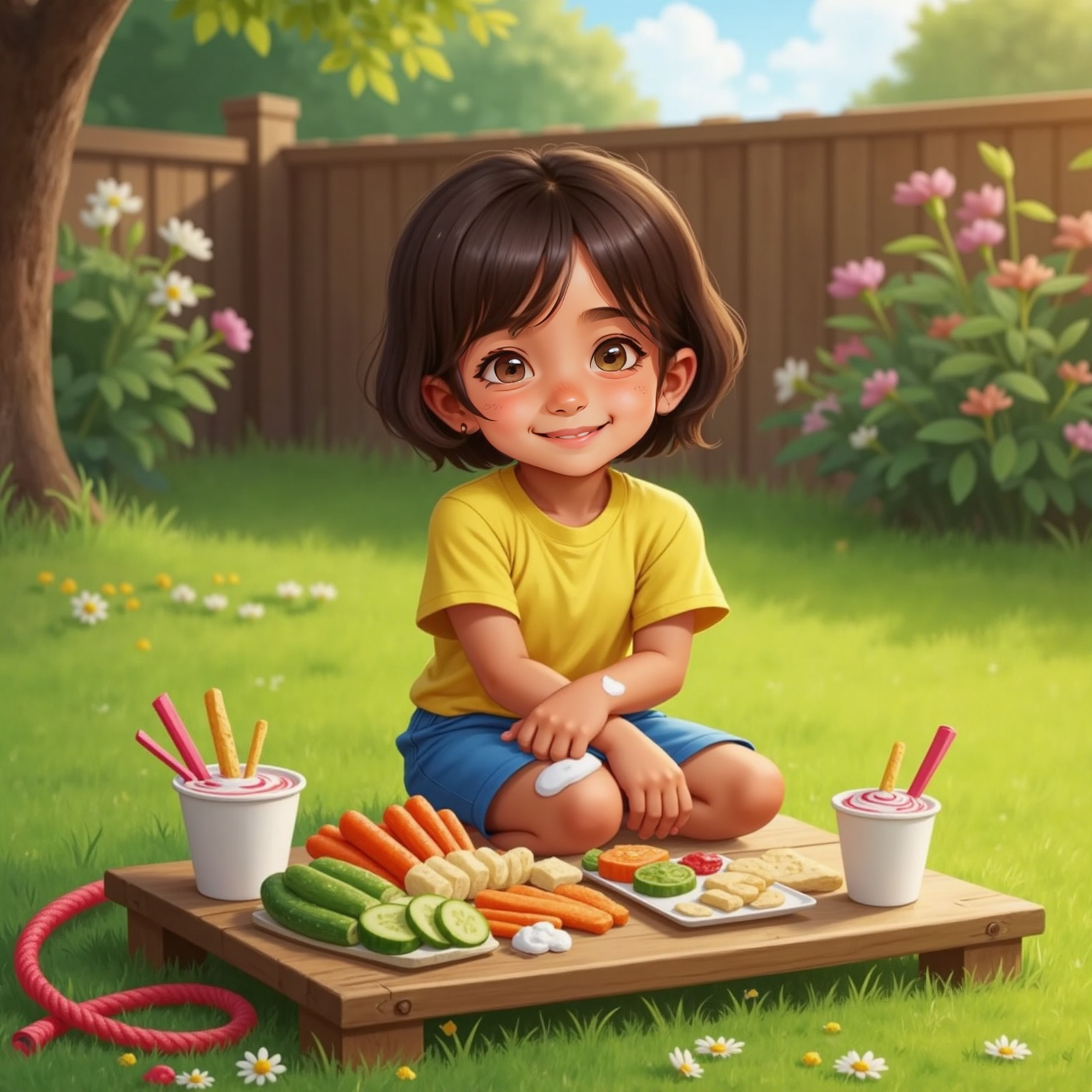 Under bright midday sun in her backyard, Barbara rubs sunscreen onto her forearm beside a picnic table filled with colorful vegetables and yogurt cups. A jump rope lies coiled on the grass, hinting at exercise.